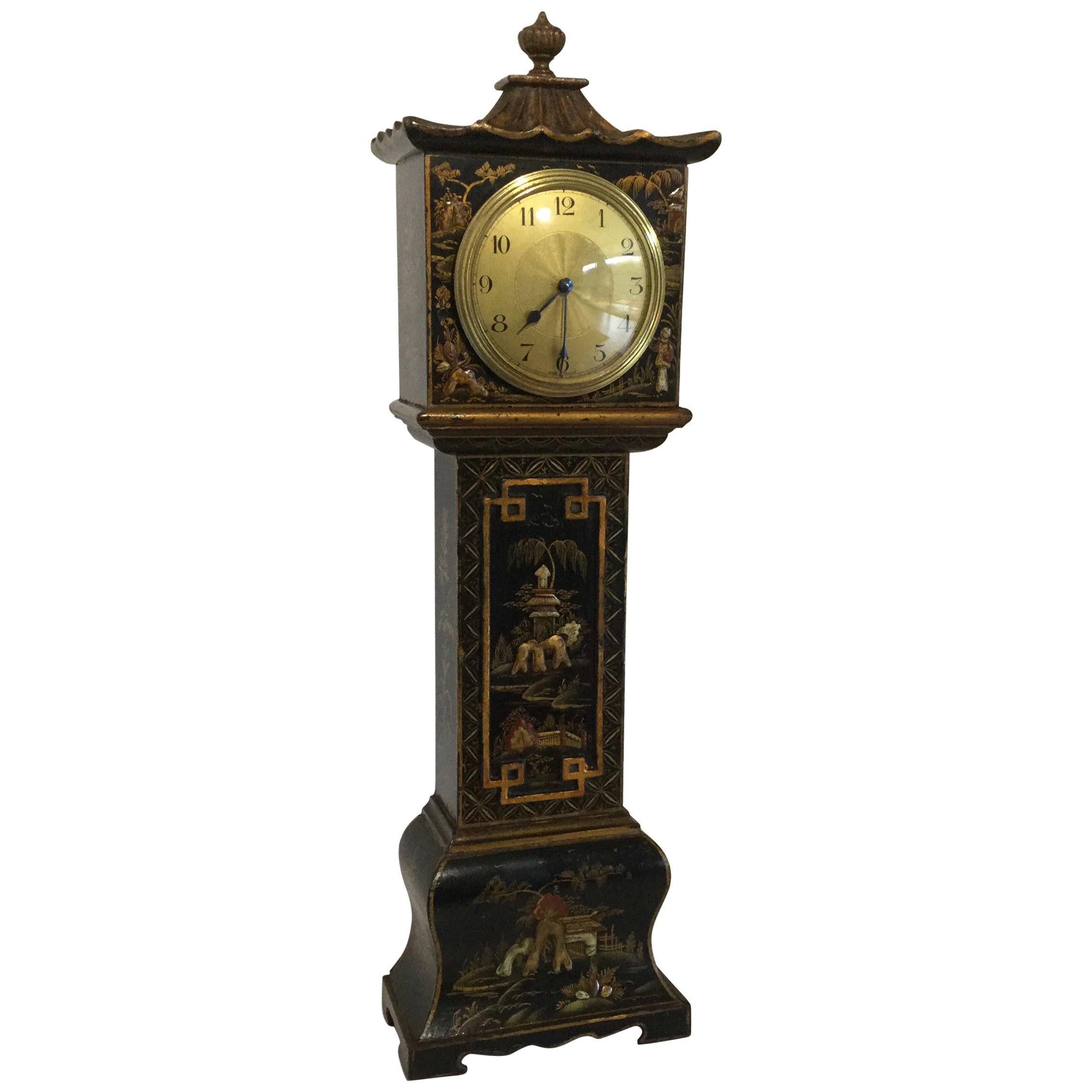Black Chinoiserie Miniature Longcase Clock, Early 20th Century