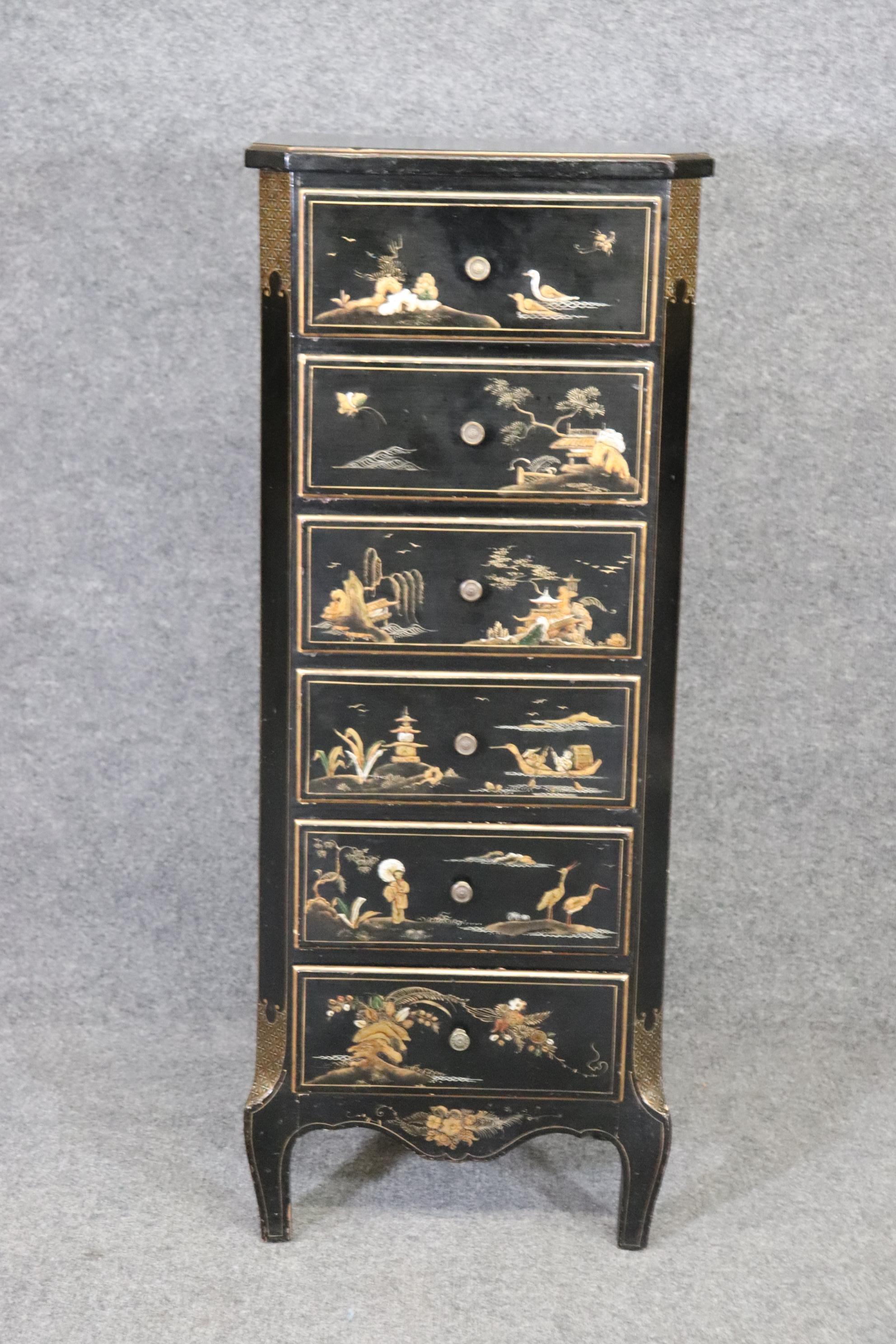 Louis XV Black Chinoiserie Paint Decorated Lingerie Chest Night Stand, Circa 1930