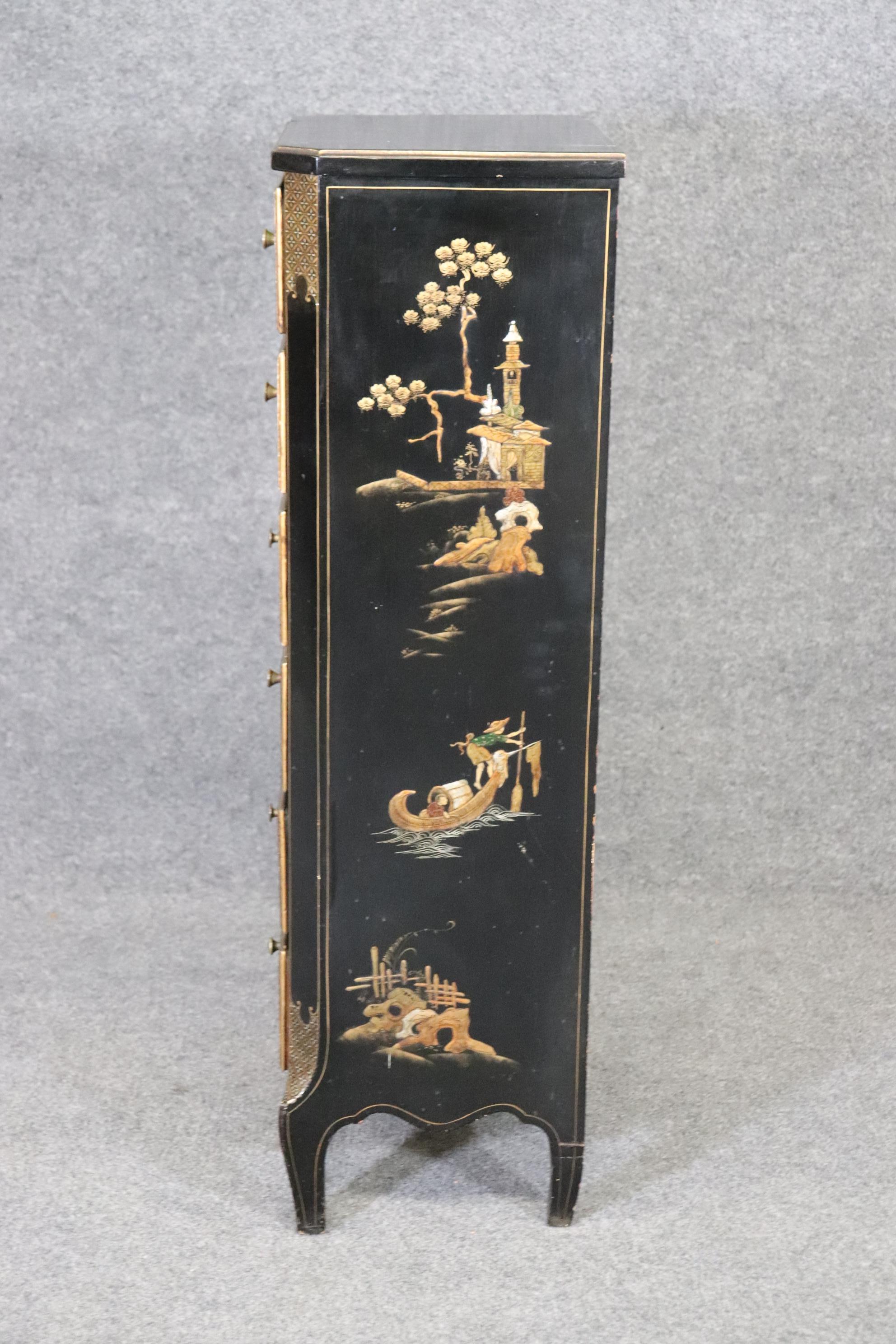 Unknown Black Chinoiserie Paint Decorated Lingerie Chest Night Stand, Circa 1930