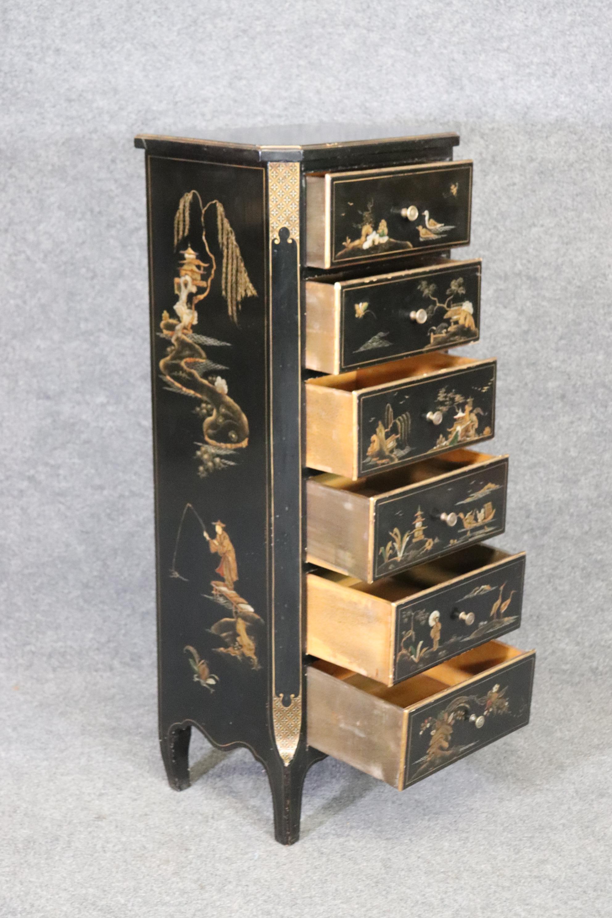 Sycamore Black Chinoiserie Paint Decorated Lingerie Chest Night Stand, Circa 1930