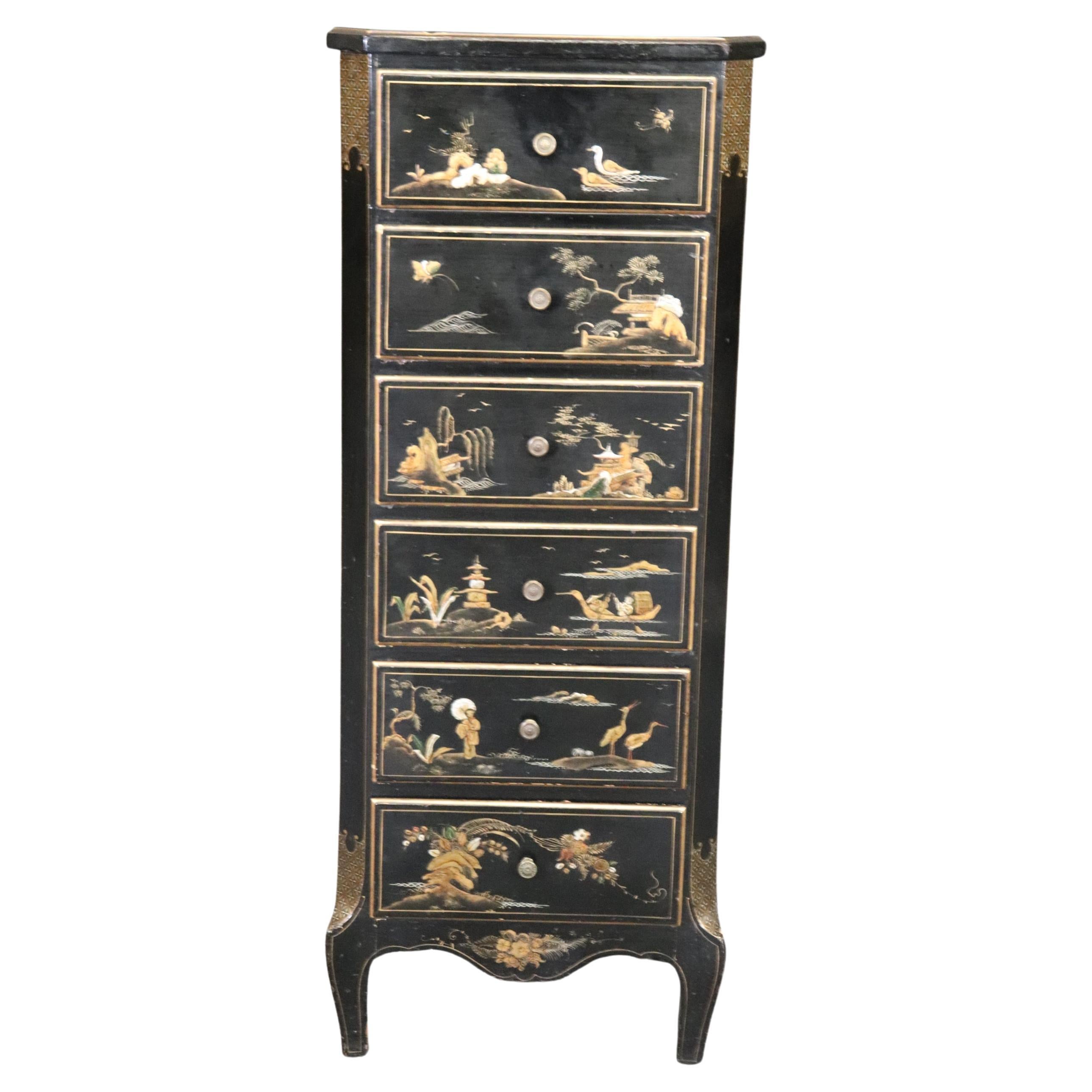 Black Chinoiserie Paint Decorated Lingerie Chest Night Stand, Circa 1930