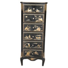 Black Chinoiserie Paint Decorated Lingerie Chest Night Stand, Circa 1930