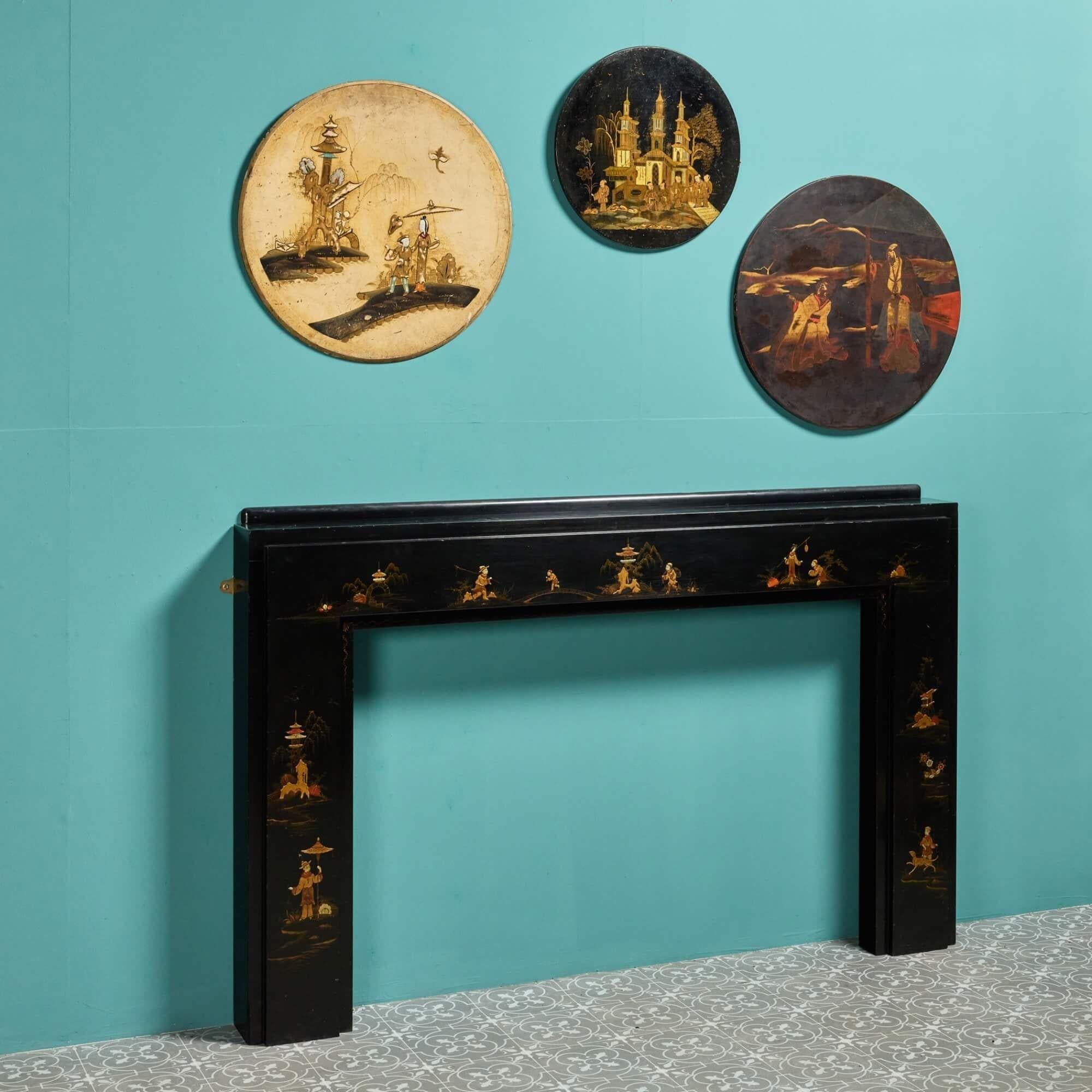 English Black Chinoiserie Painted Fireplace For Sale