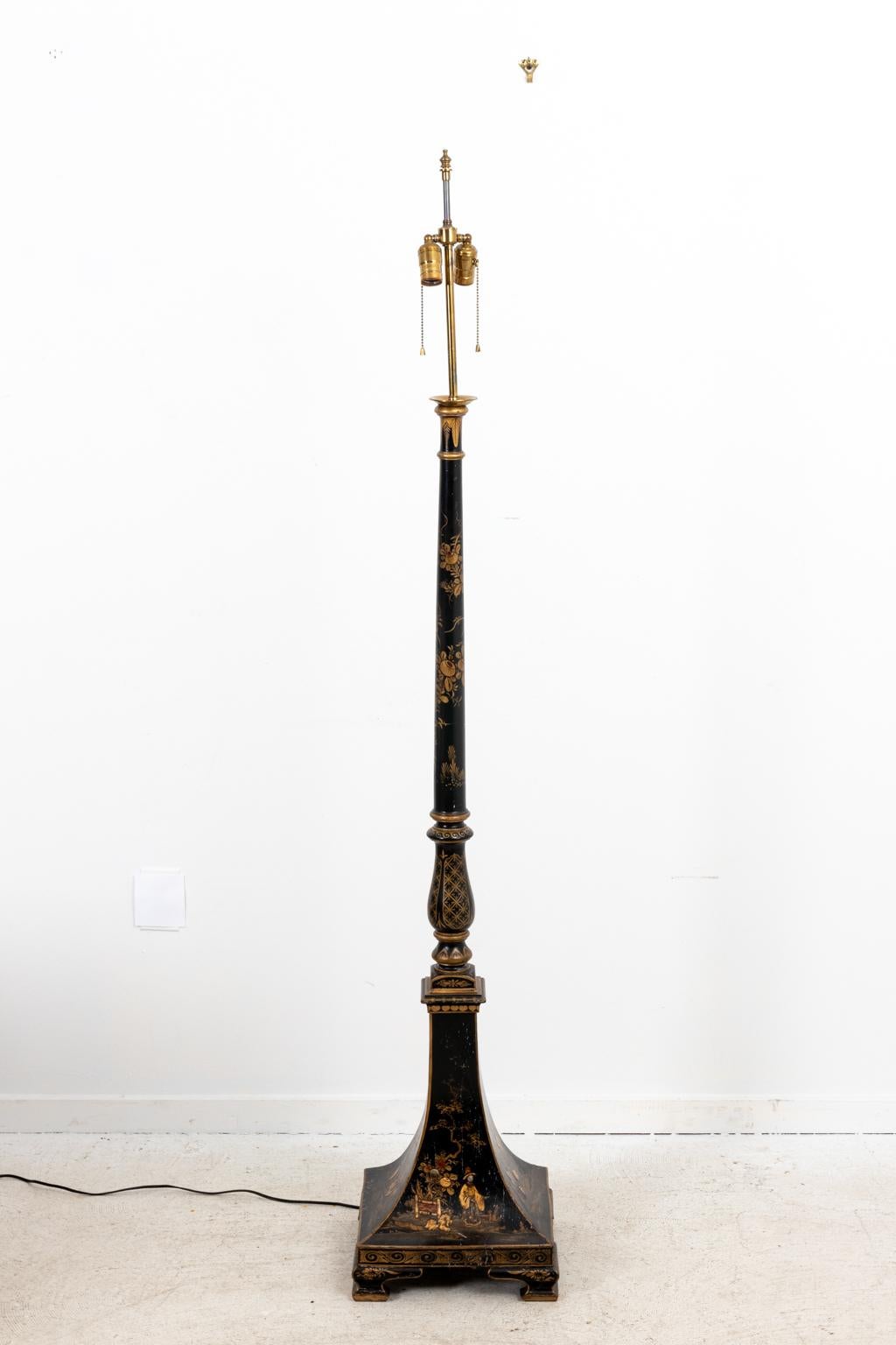 20th Century Black Chinoiserie Style Standing Floor Lamp For Sale