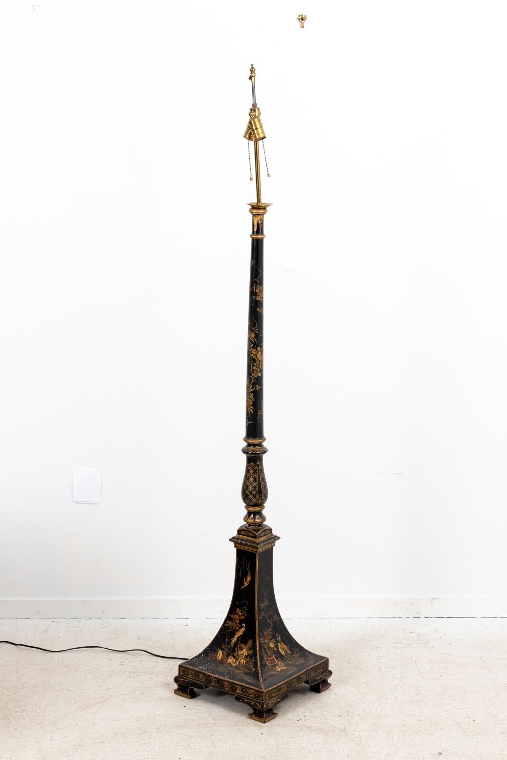 Black Chinoiserie Style Standing Floor Lamp For Sale 2