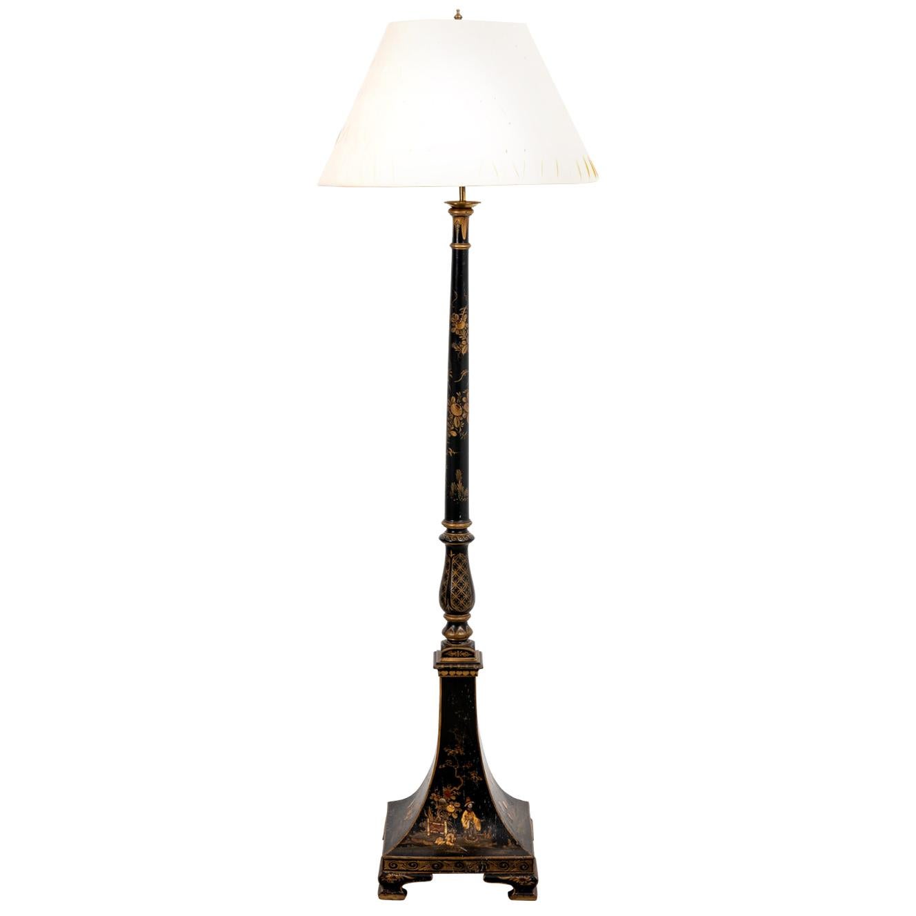 Black Chinoiserie Style Standing Floor Lamp For Sale