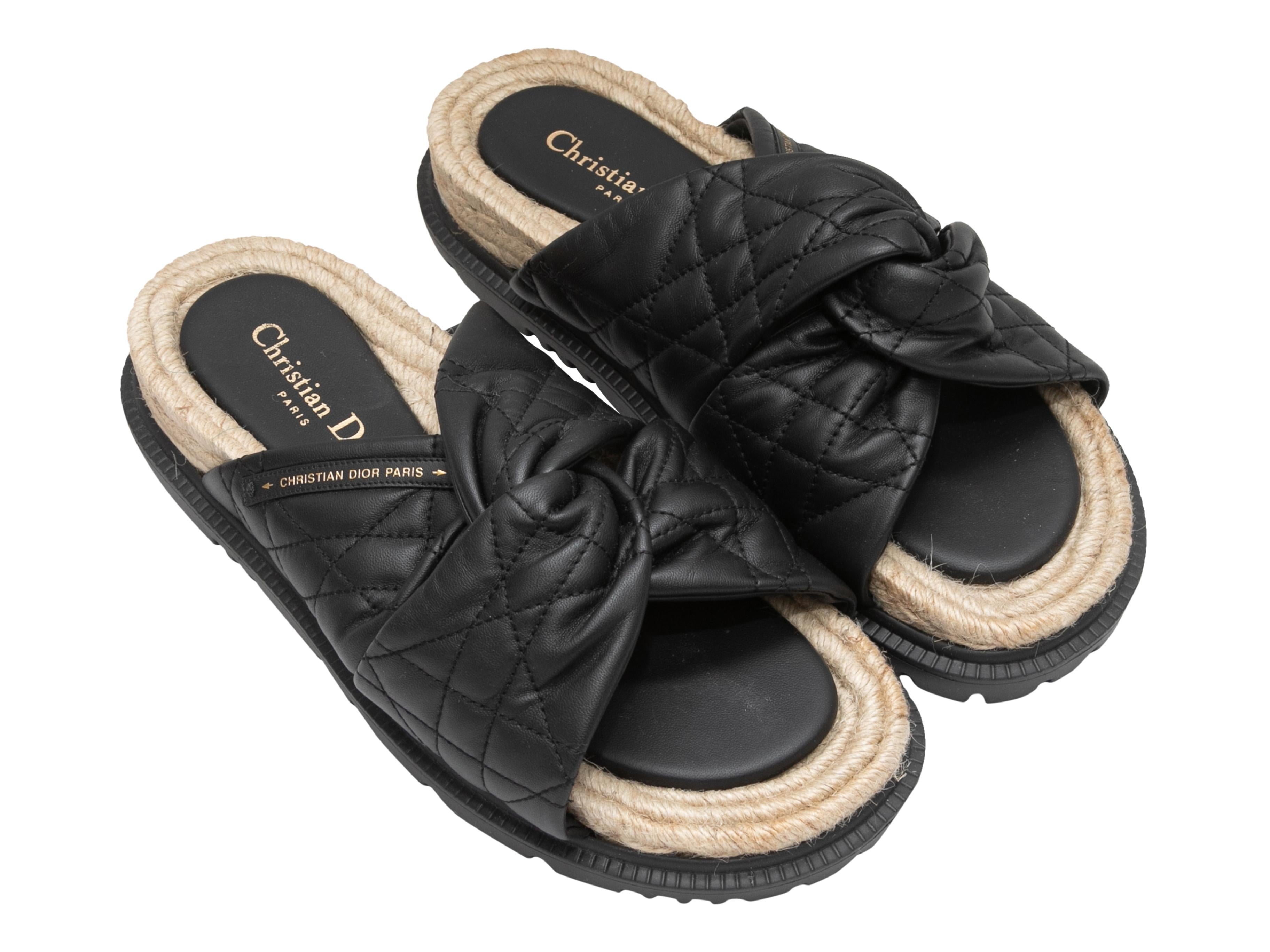Black Cannage leather D-Twist espadrille slide sandals by Christian Dior. Jute trim at soles. 0.75