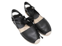 Black Christian Dior Leather Ankle Tie Espadrille Flats Size 40.5