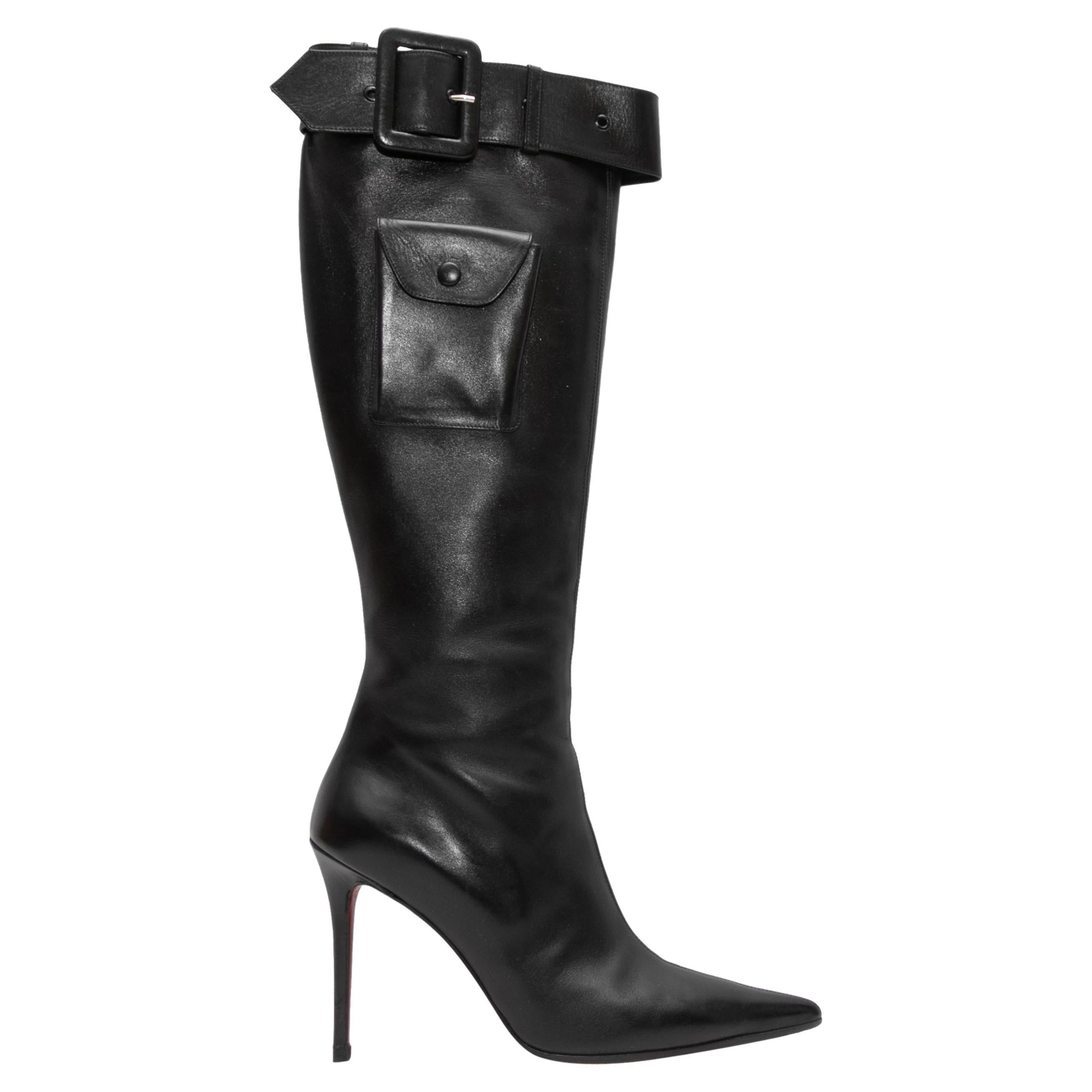 Black Christian Louboutin Knee-High Pointed-Toe Pocket Boots Size 39 For Sale