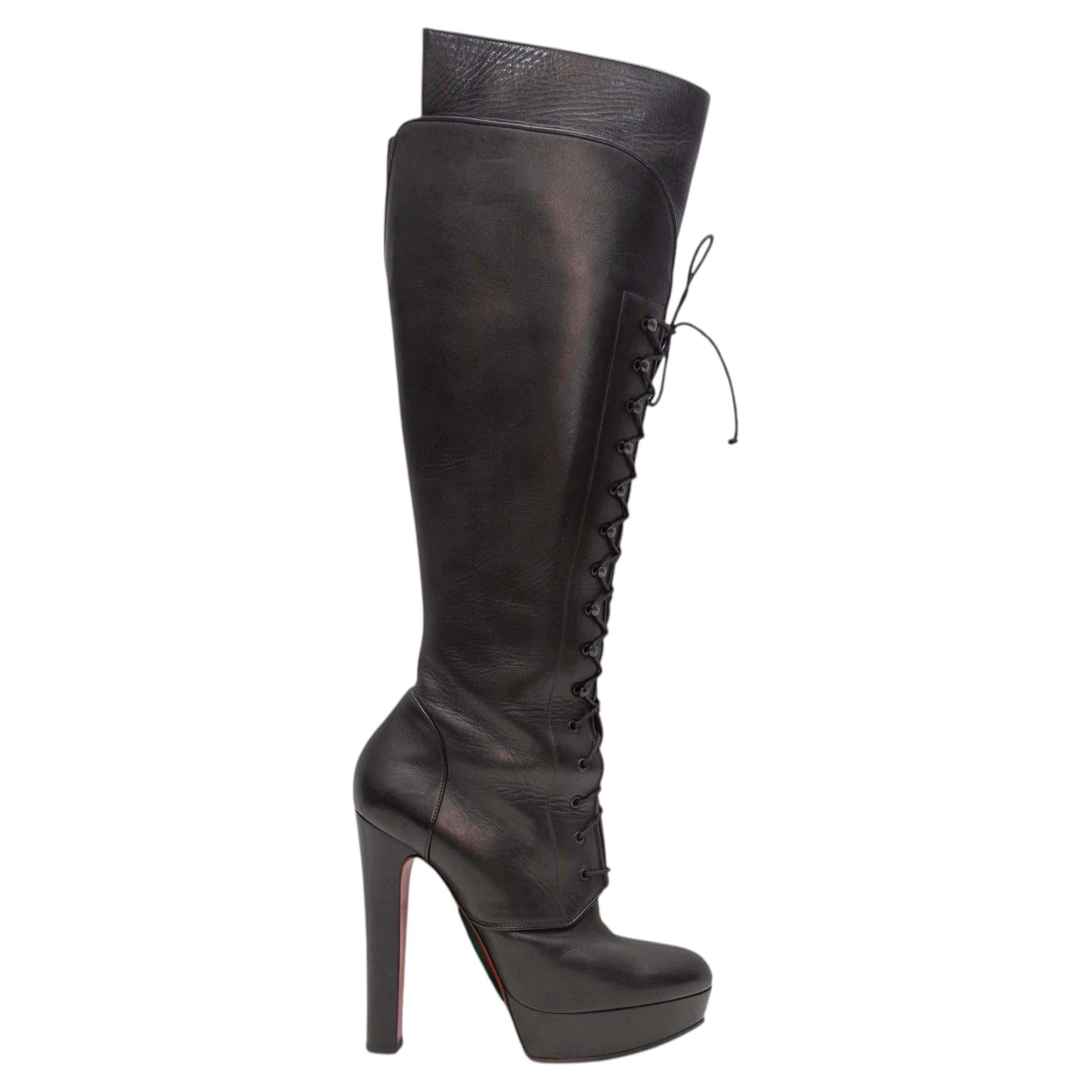 Black Christian Louboutin Lace-Up Over-The-Knee Heeled Boots Size 39