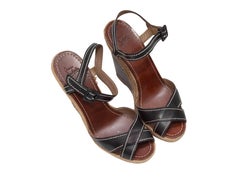 Black Christian Louboutin Leather Espadrille Wedge Sandals Size 40