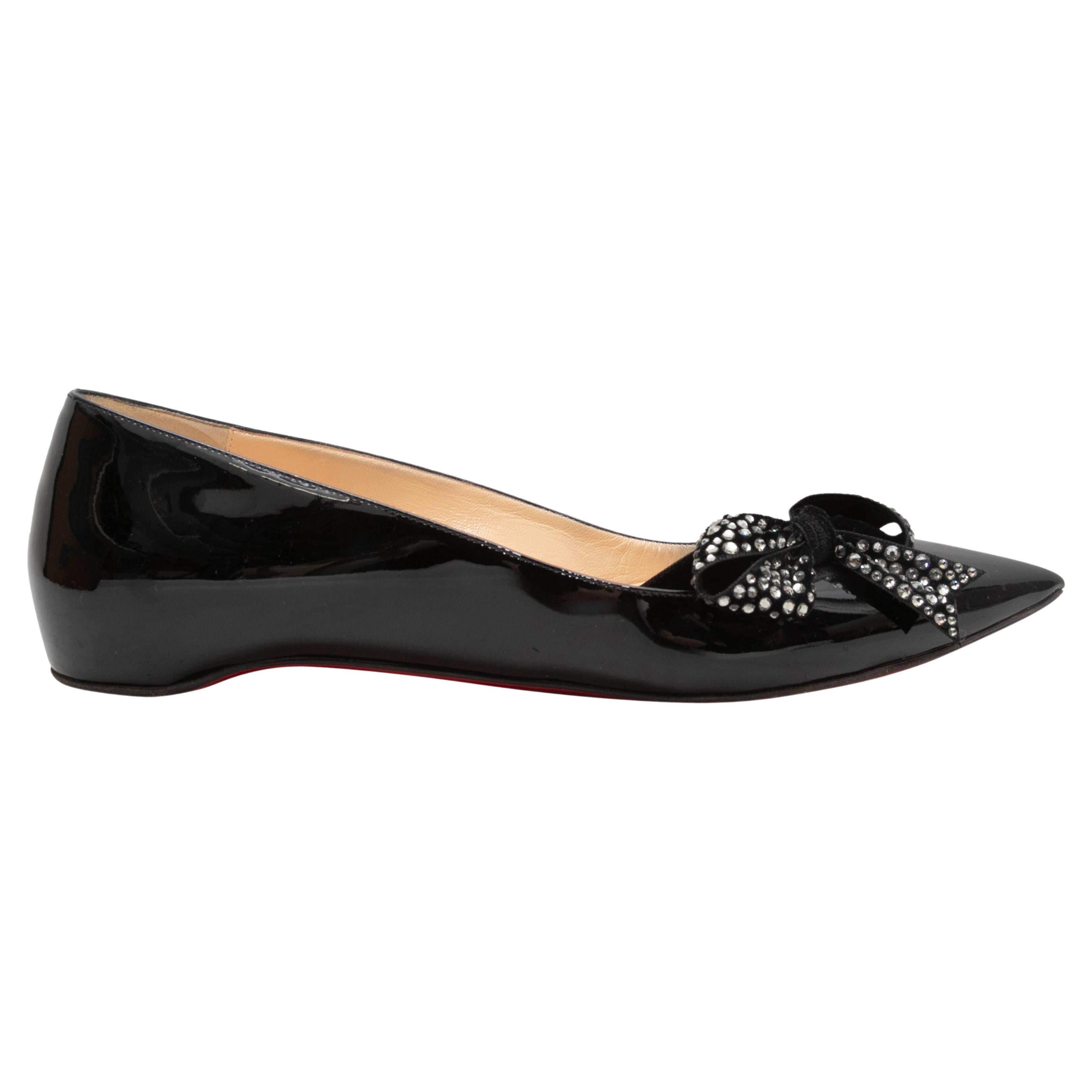Black Christian Louboutin Patent Crystal Bow-Accented Flats Size 39.5 For Sale