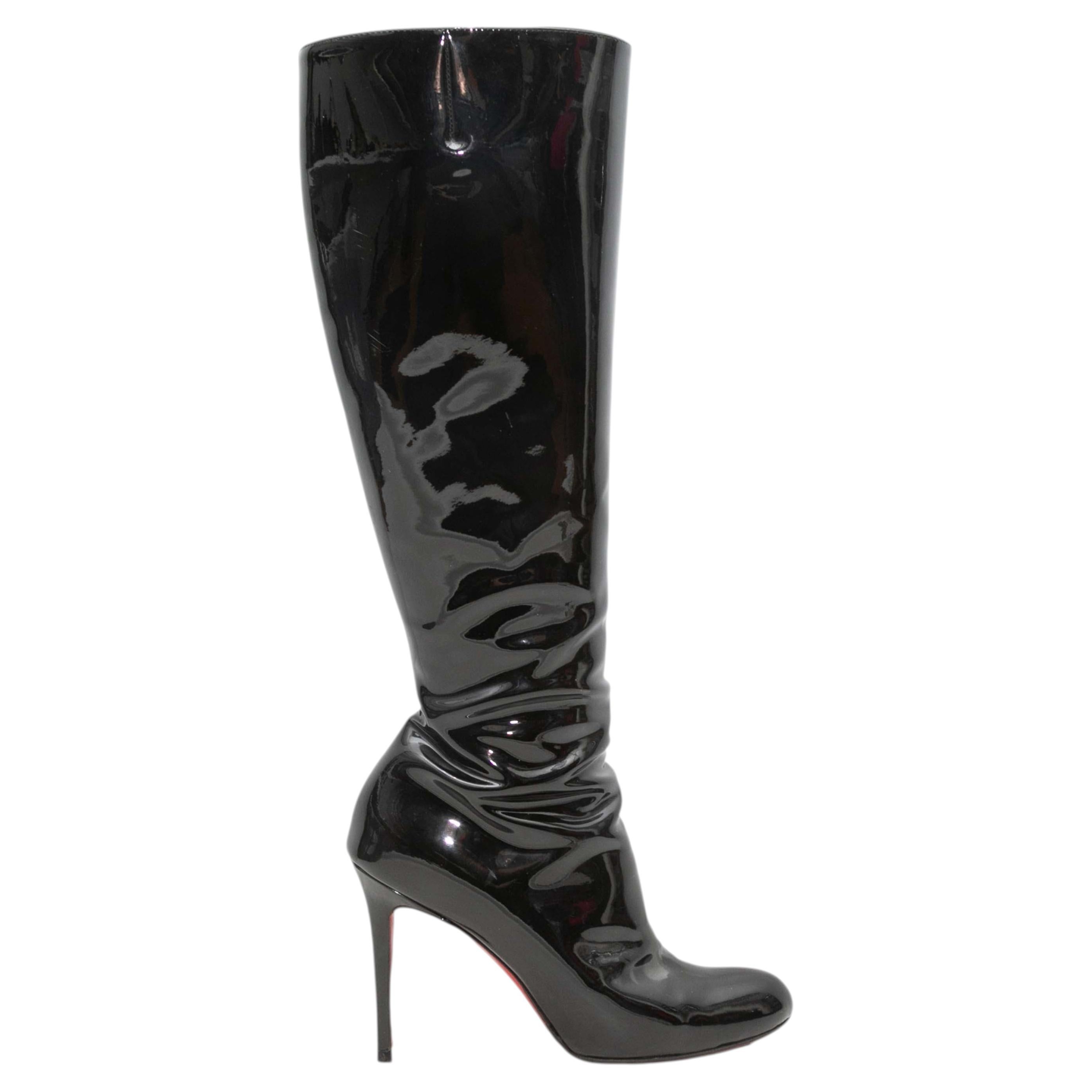 Black Christian Louboutin Patent Leather Knee-High Heeled Boots Size 39