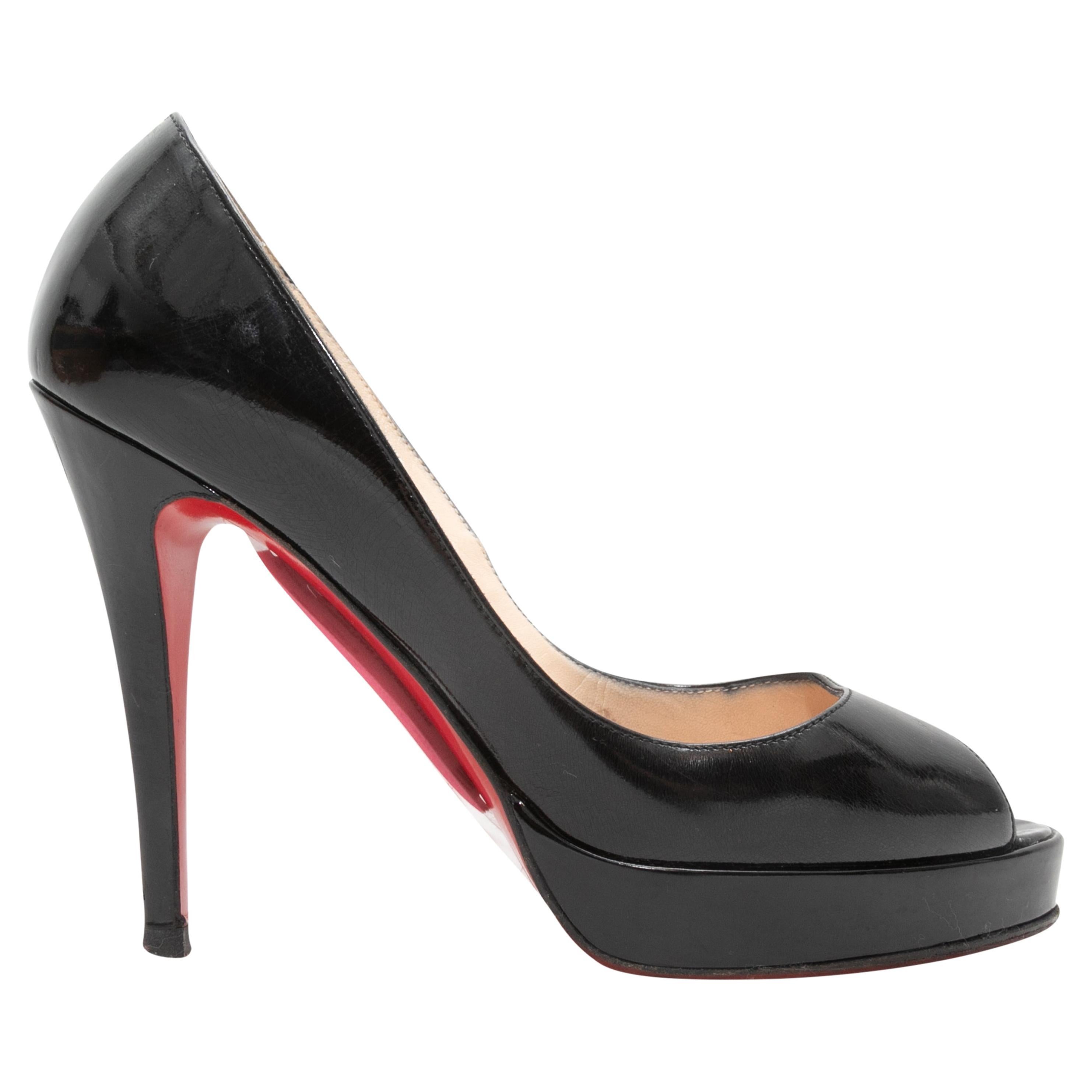 Black Christian Louboutin Patent Peep-Toe Heels Size 37 For Sale