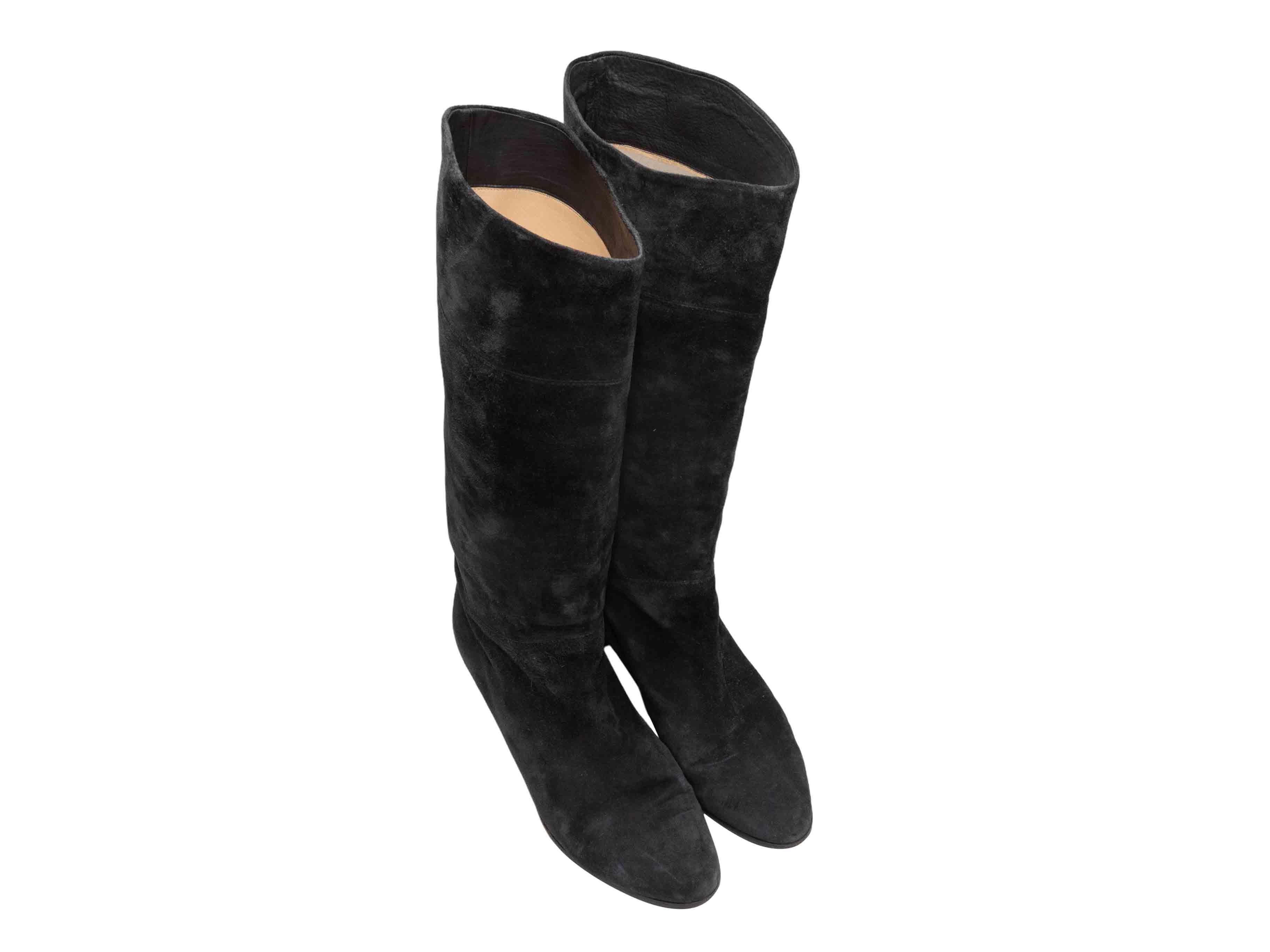 Black suede knee-high heeled boots by Christian Louboutin. Block heels. 16