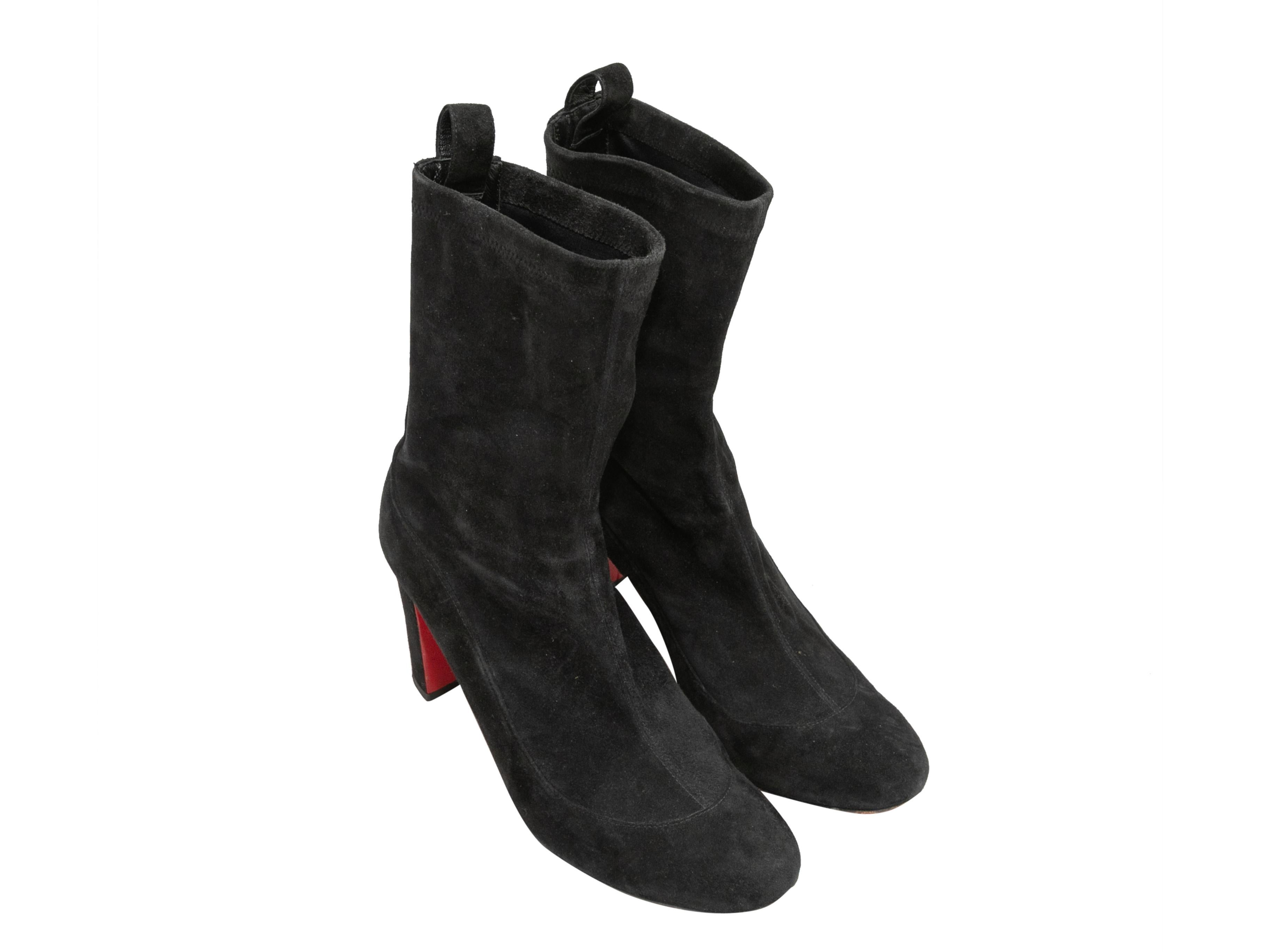 Black mid-calf suede heeled boots by Christian Louboutin. Block heels. 7