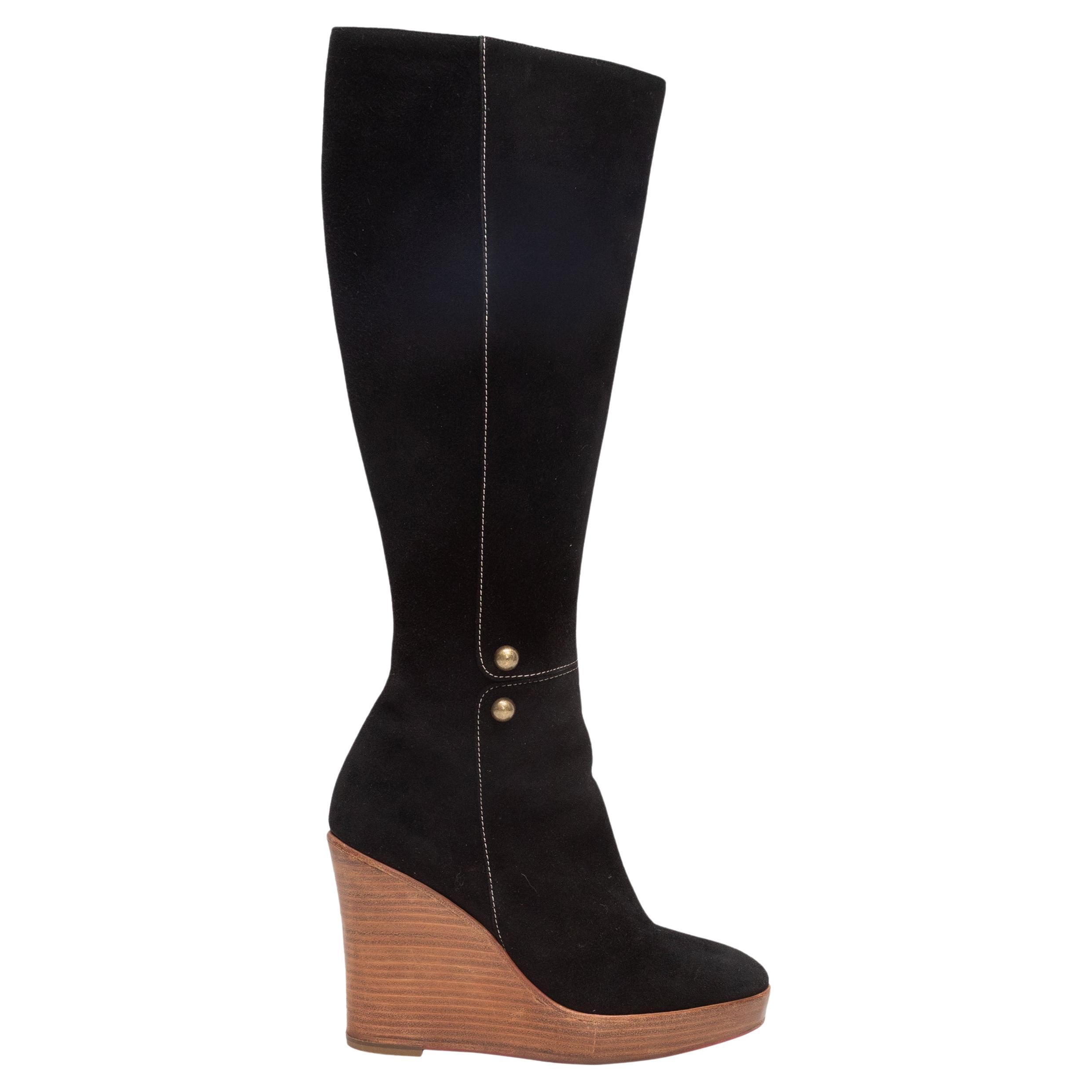 Black Christian Louboutin Suede Wedge Knee-High Boots Size 37