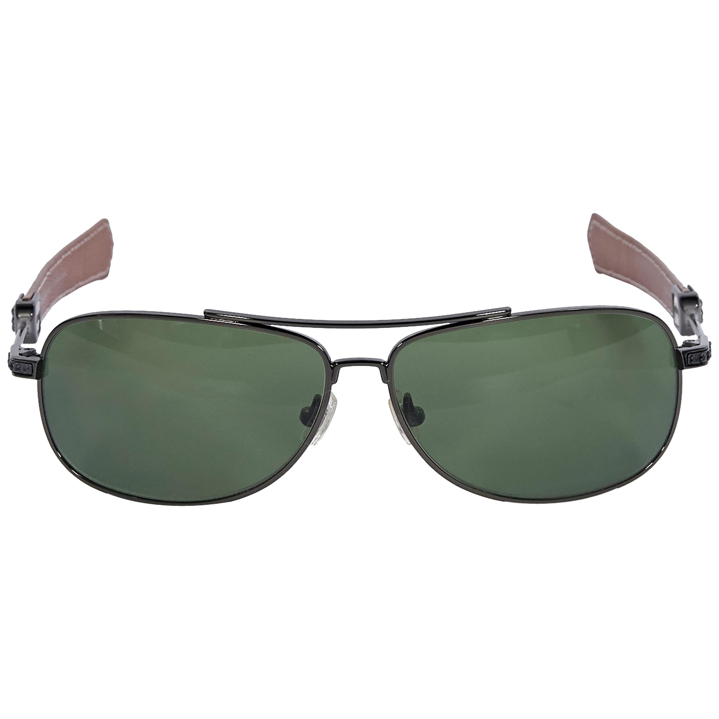 Chrome Hearts Black Metal Leather-Trimmed Aviator Sunglasses