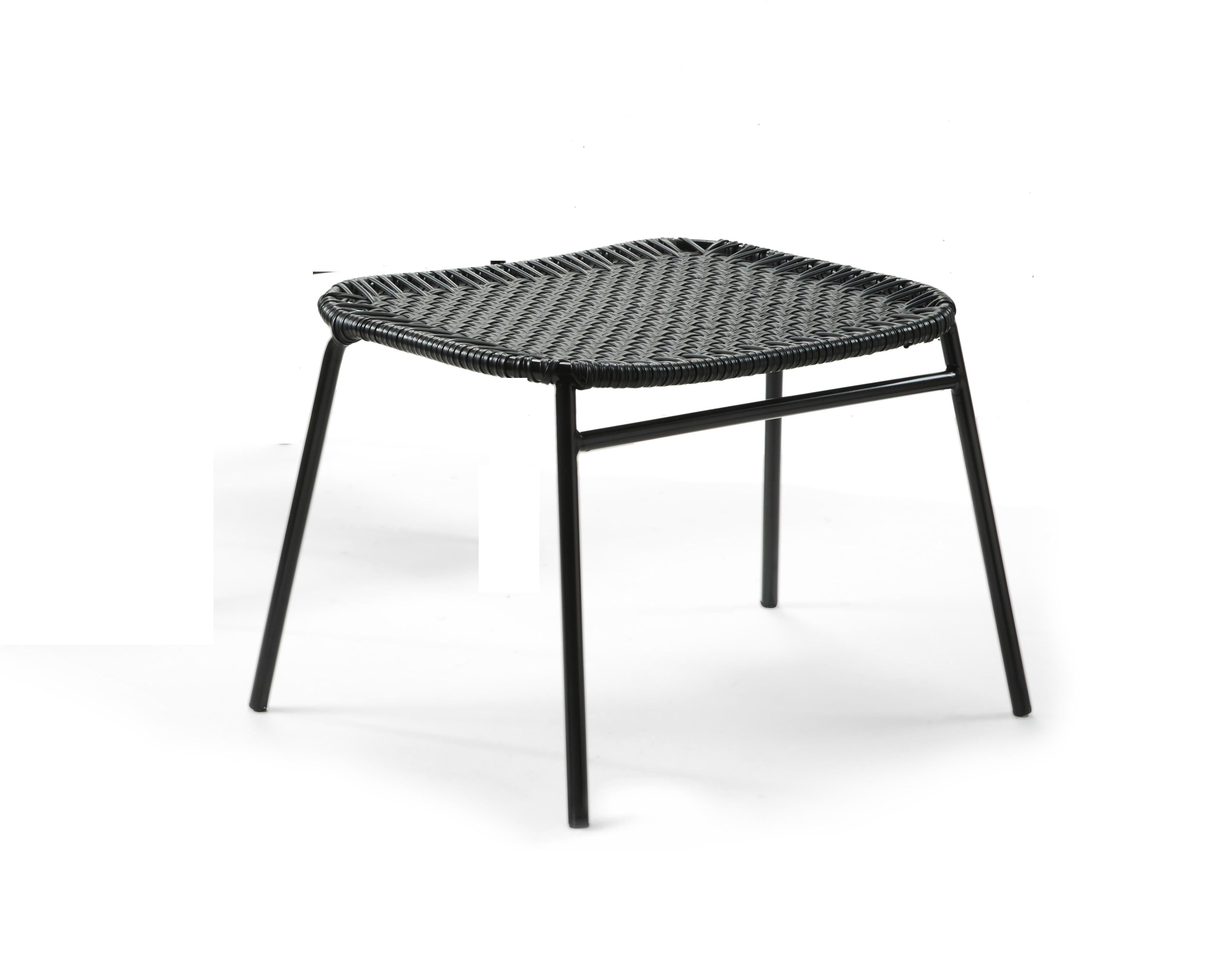 Black Cielo footstool by Sebastian Herkner
Materials: Galvanized and powder-coated tubular steel. PVC strings are made from recycled plastic.
Technique: Made from recycled plastic and weaved by local craftspeople in Cartagena, Colombia. 
Dimensions:
