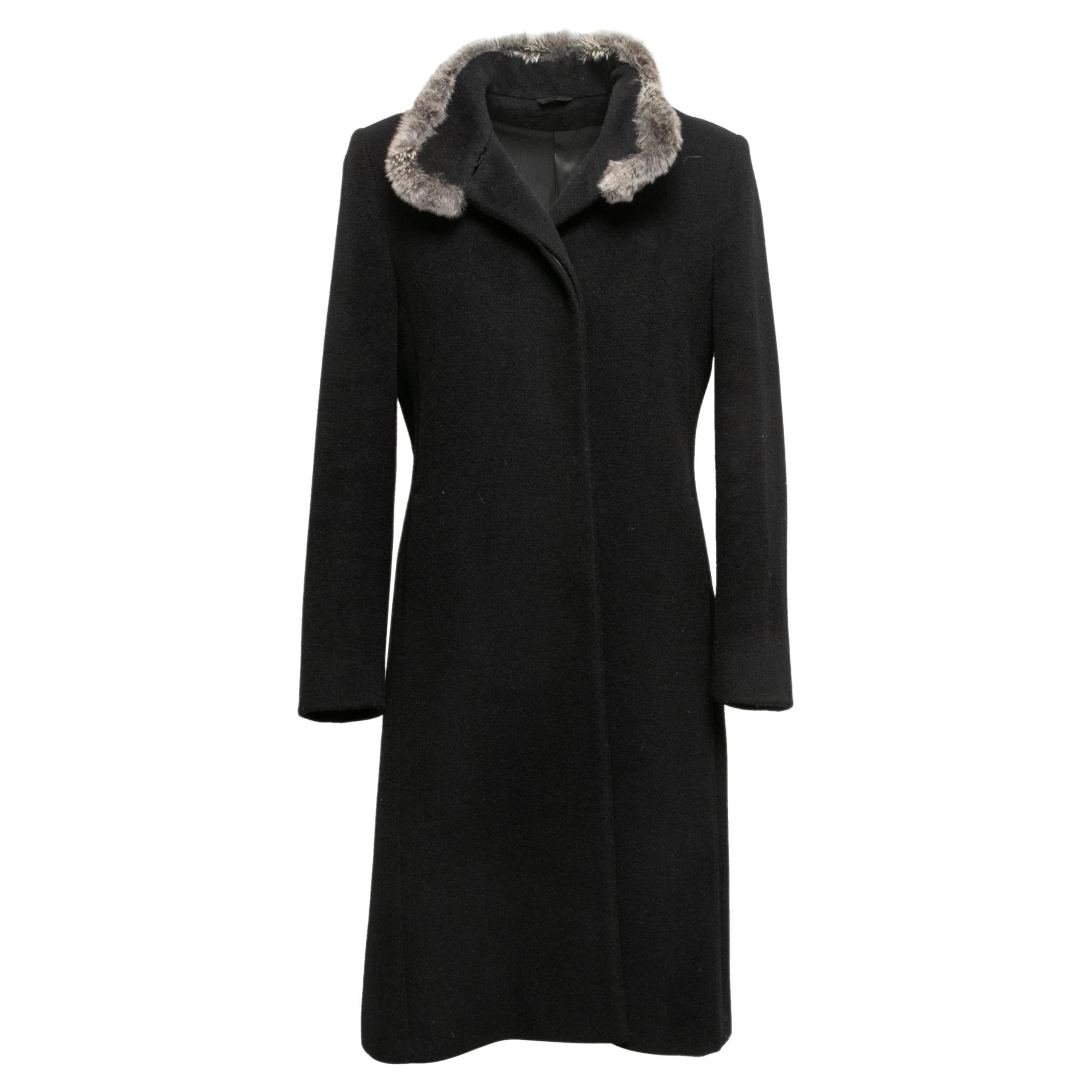 Black Cinzia Rocca Wool Chinchilla-Trimmed Coat Size IT 42