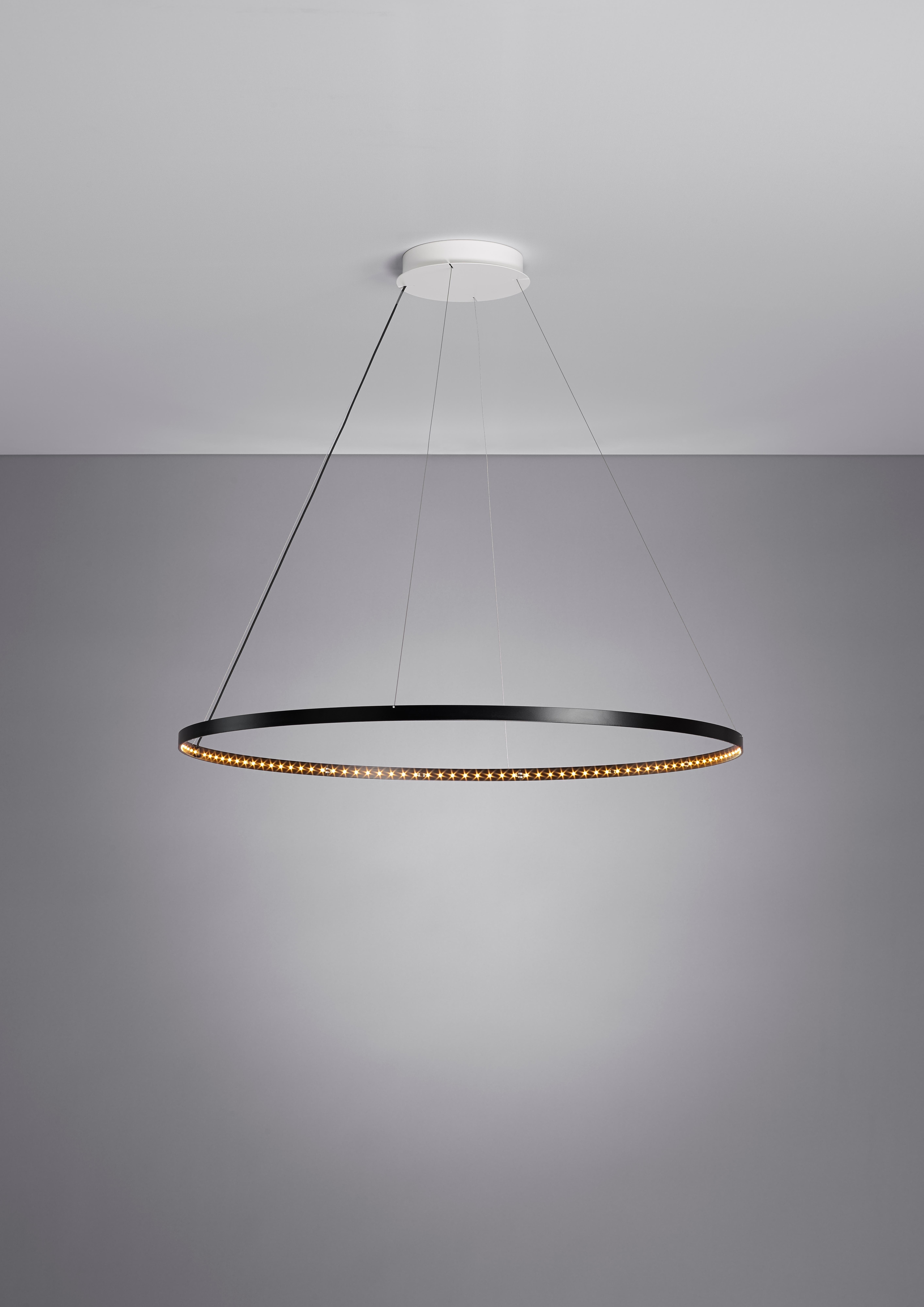Lampada a sospensione Black Circle 80 di Le Deun Luminaire
Dimensioni: D. A. 82 x H. 40-200 cm. 
Materiali: Acciaio verniciato con vernice epossidica.

Si tratta di un'azienda francese fondata nel 1997, specializzata nella progettazione e produzione