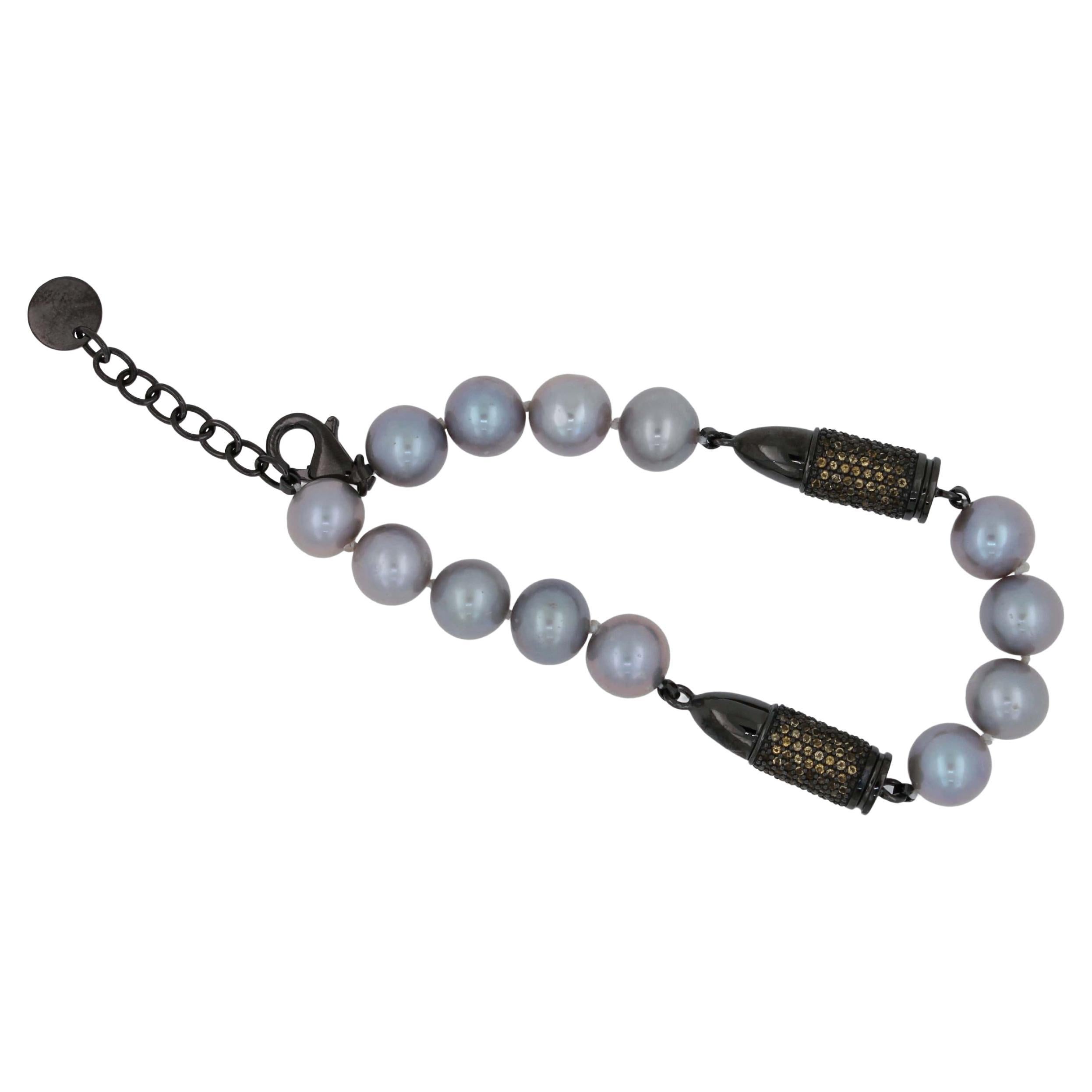 Orange Citrines Black Rocket Bullet Grey Silver Pearl Sterling Silver Bracelet 
*Genuine Citrines Gemstones 2.50 CTW
* Natural Silver Pearls
* 925 Sterling Silver & Black Rhodium Plating
* 7 to 8.7 Inches Adjustable Clasp
* In-Stock & Ready to Ship