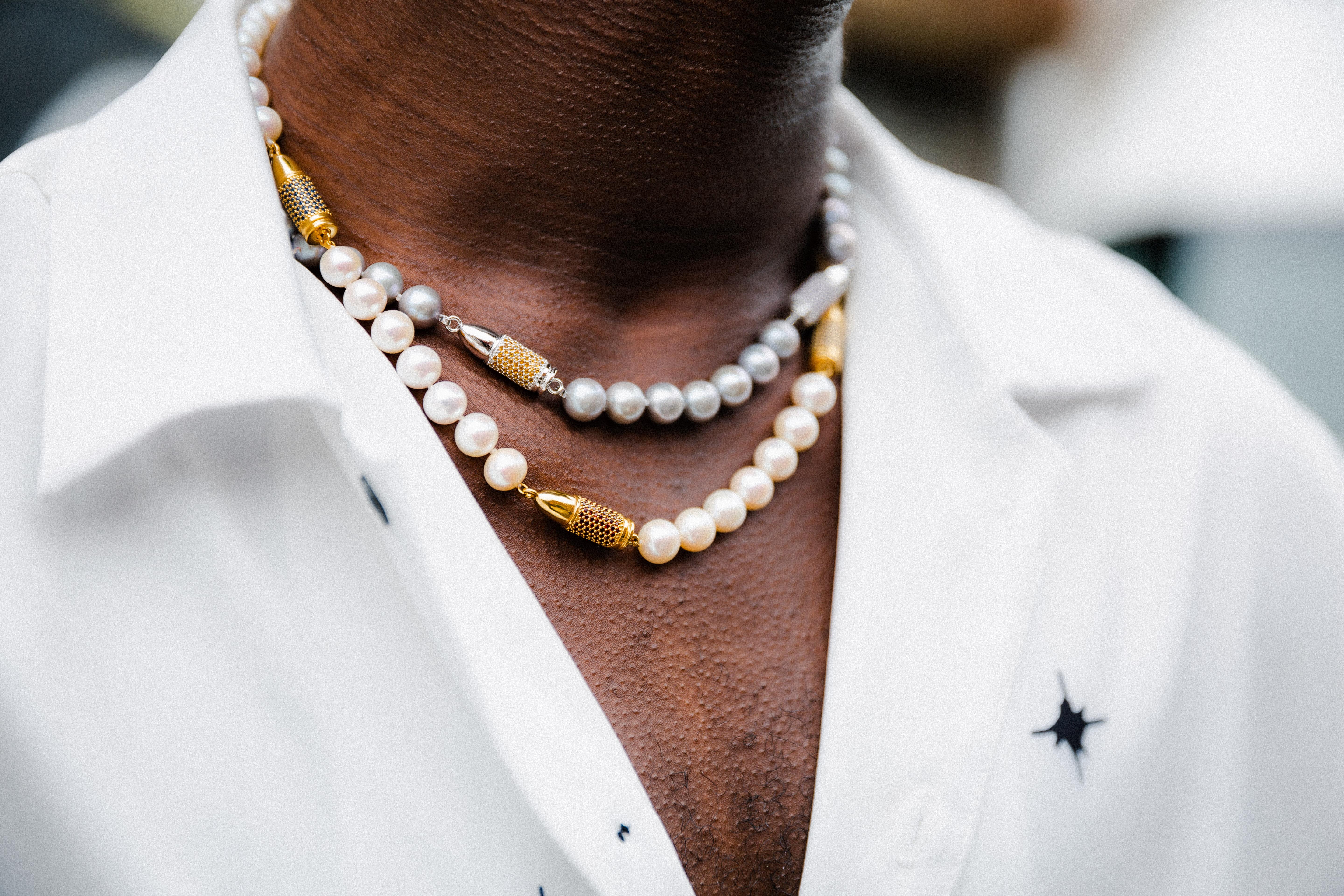 Orange Citrine Pave Black Bullet Rocket Grey Pearl Sterling Silver Bead Necklace For Sale 4