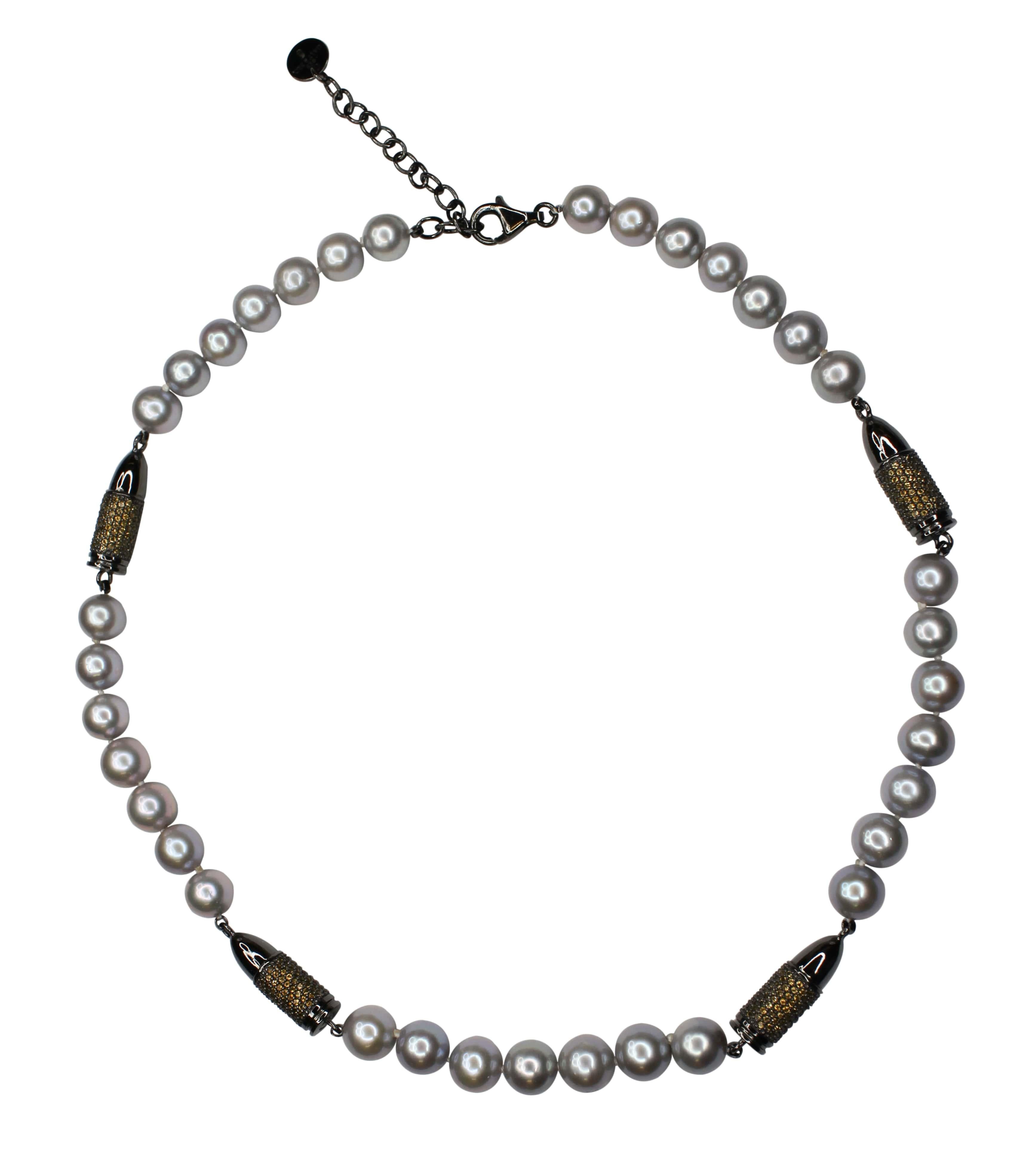 Modern Orange Citrine Pave Black Bullet Rocket Grey Pearl Sterling Silver Bead Necklace For Sale