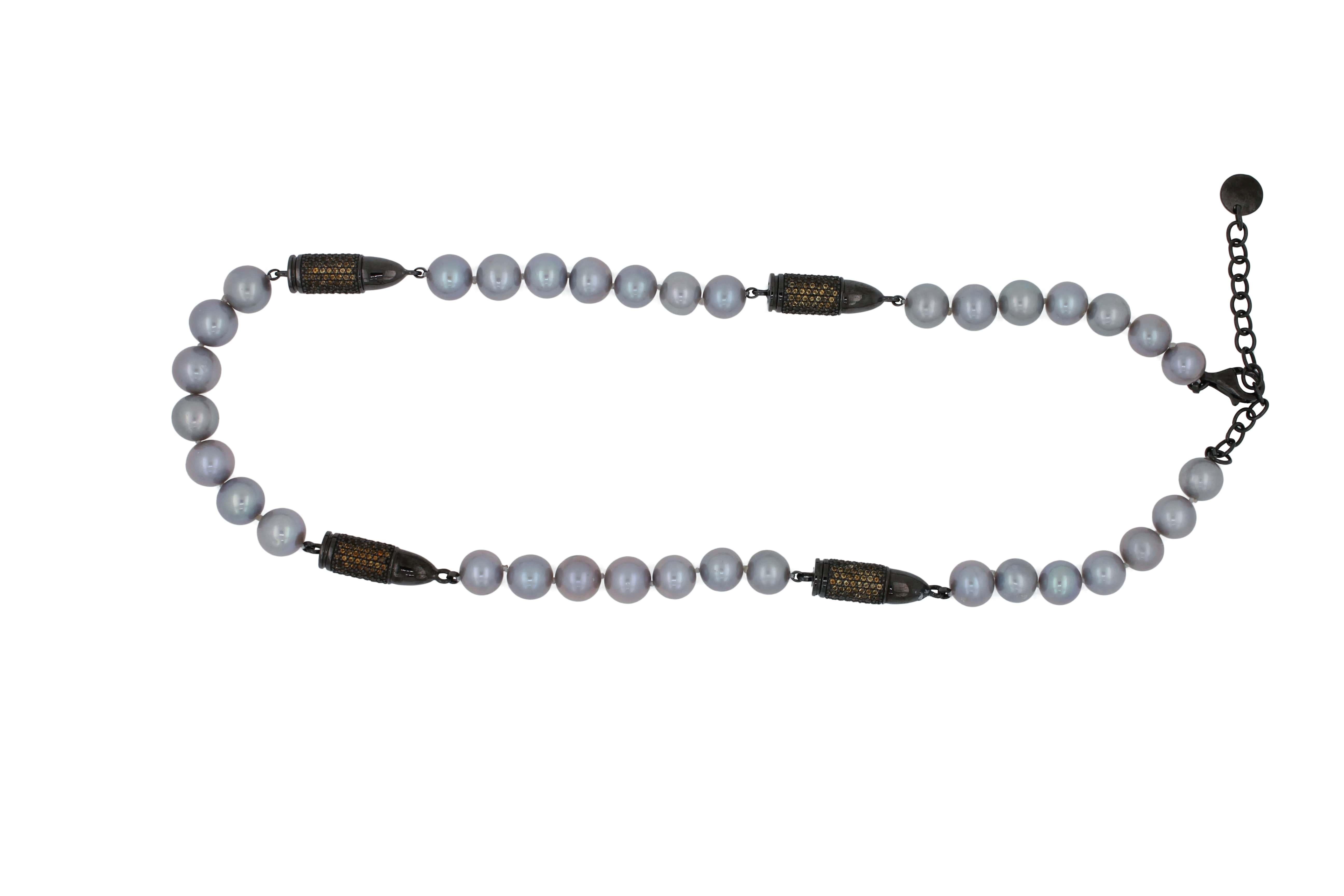 Round Cut Orange Citrine Pave Black Bullet Rocket Grey Pearl Sterling Silver Bead Necklace For Sale