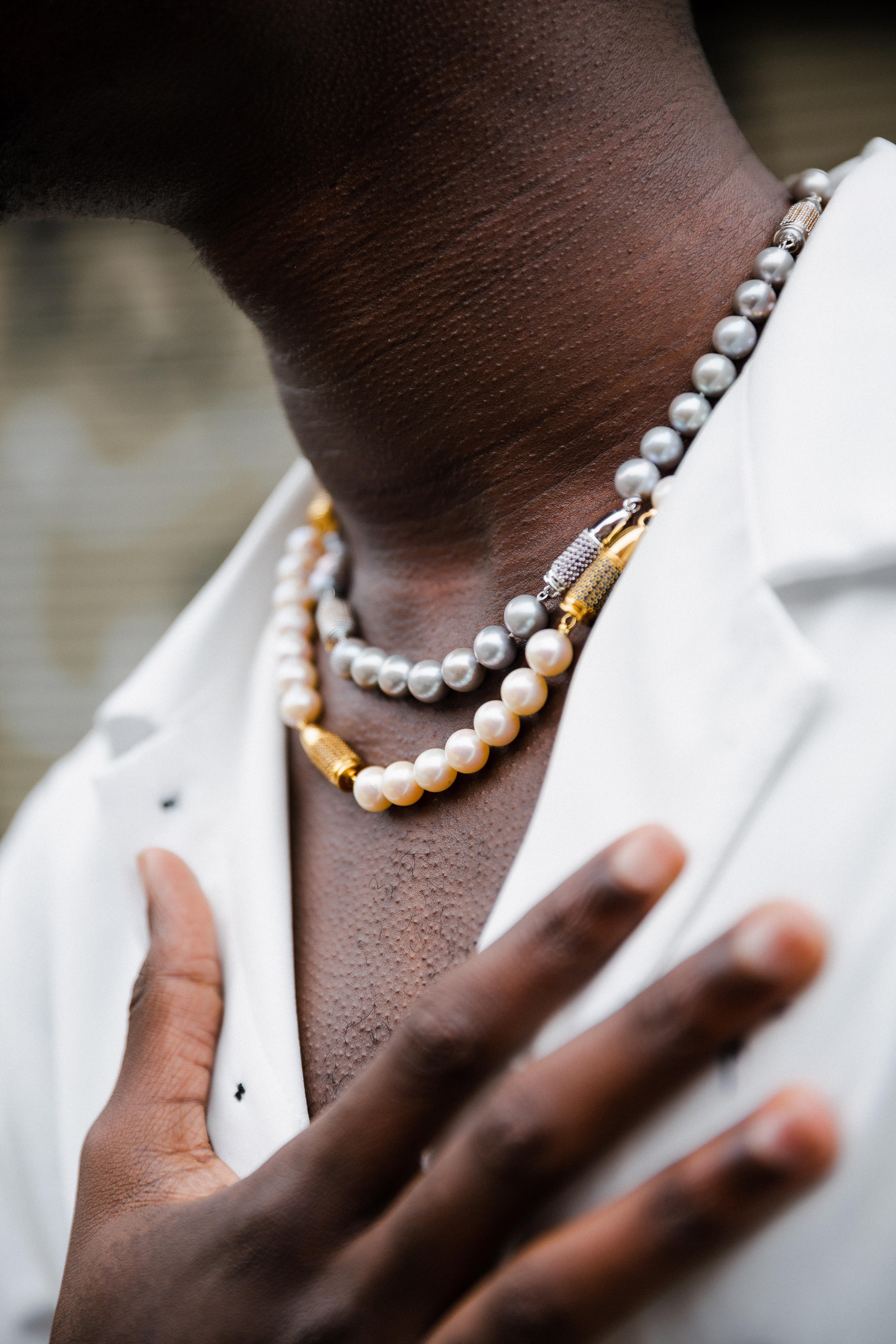 Orange Citrine Pave Black Bullet Rocket Grey Pearl Sterling Silver Bead Necklace For Sale 1