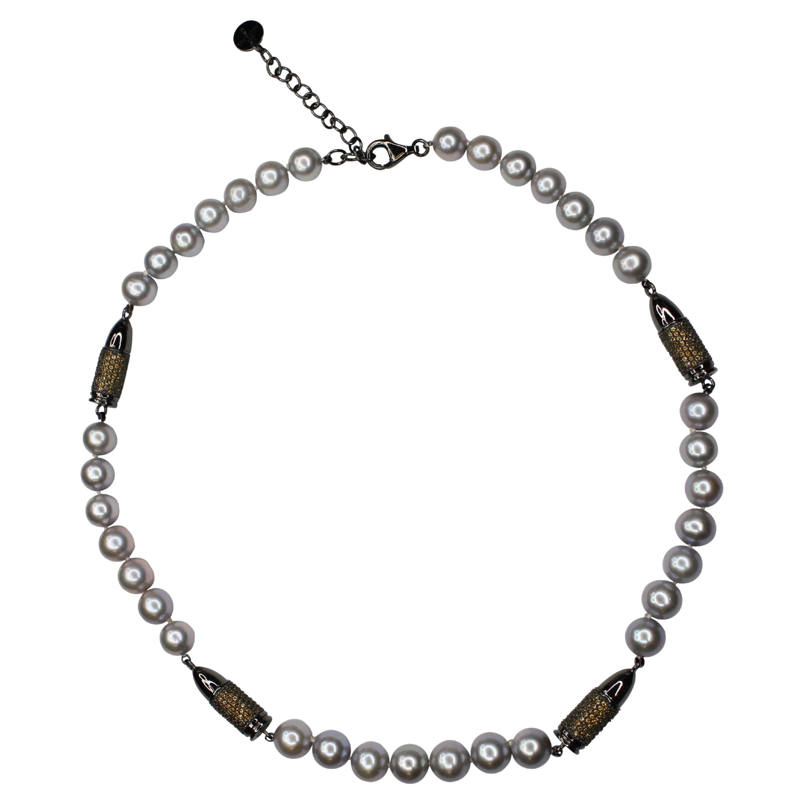 Orange Citrine Pave Black Bullet Rocket Grey Pearl Sterling Silver Bead Necklace