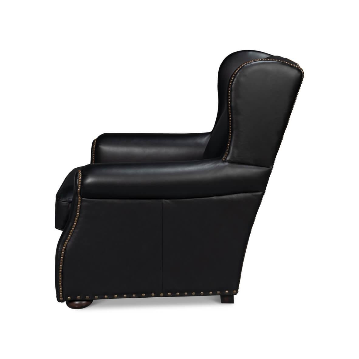Featuring a high back design for ultimate support and rolled arms with intricate pleating detail, inviting you to a world of comfort with just one look. Wrapped in Onyx Black leather, its deep color is the epitome of luxury, bound to add a touch of