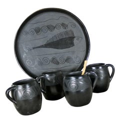 Black Clay Barro Negro Pottery Hot Chocolate Set Oaxaca Mexico Mugs & Fish Tray