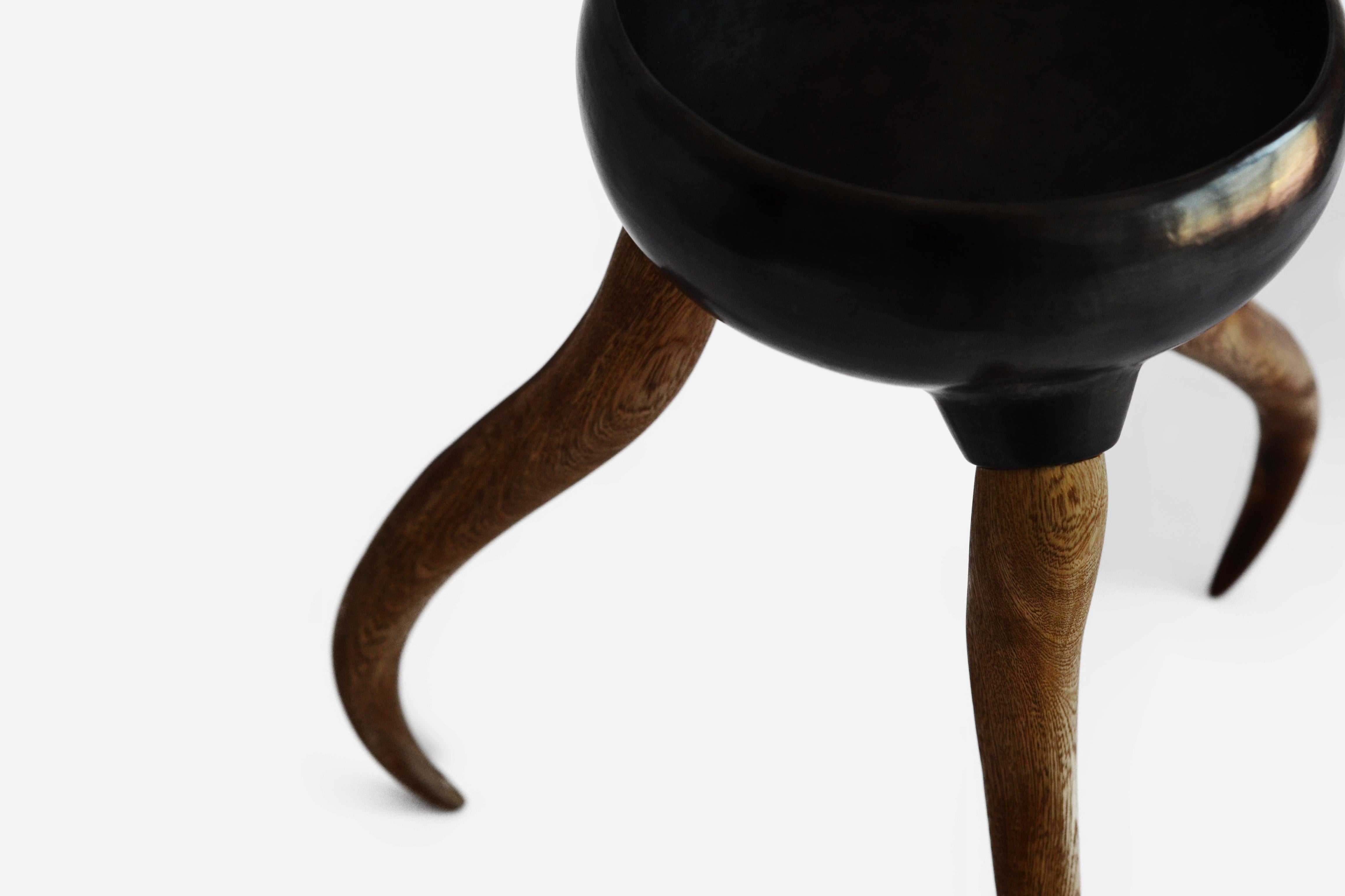 Eine Reihe von Gefäßen aus barro negro bruñido (brünierter schwarzer Ton) aus Oaxaca, mit Beinen aus Rosenholz, die von einem Tischlermeister in Tlaquepaque, Jalisco, geschnitzt wurden.

Das Konzept dieser Serie bezieht sich auf die Geschichte von