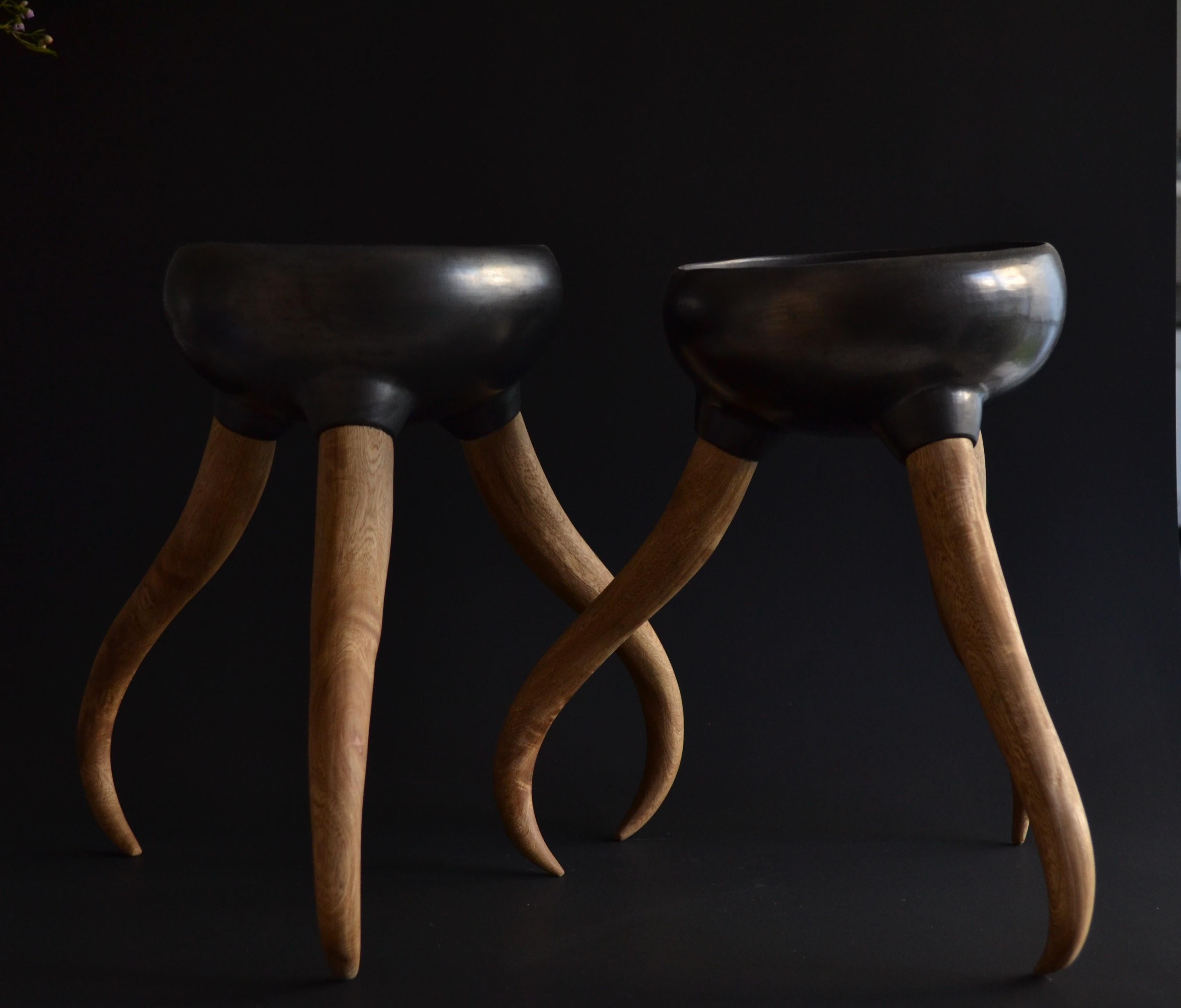 Hand-Carved Sculpture Black Clay and Wood Legs, Hand carved Rosewood and Burnished clay For Sale