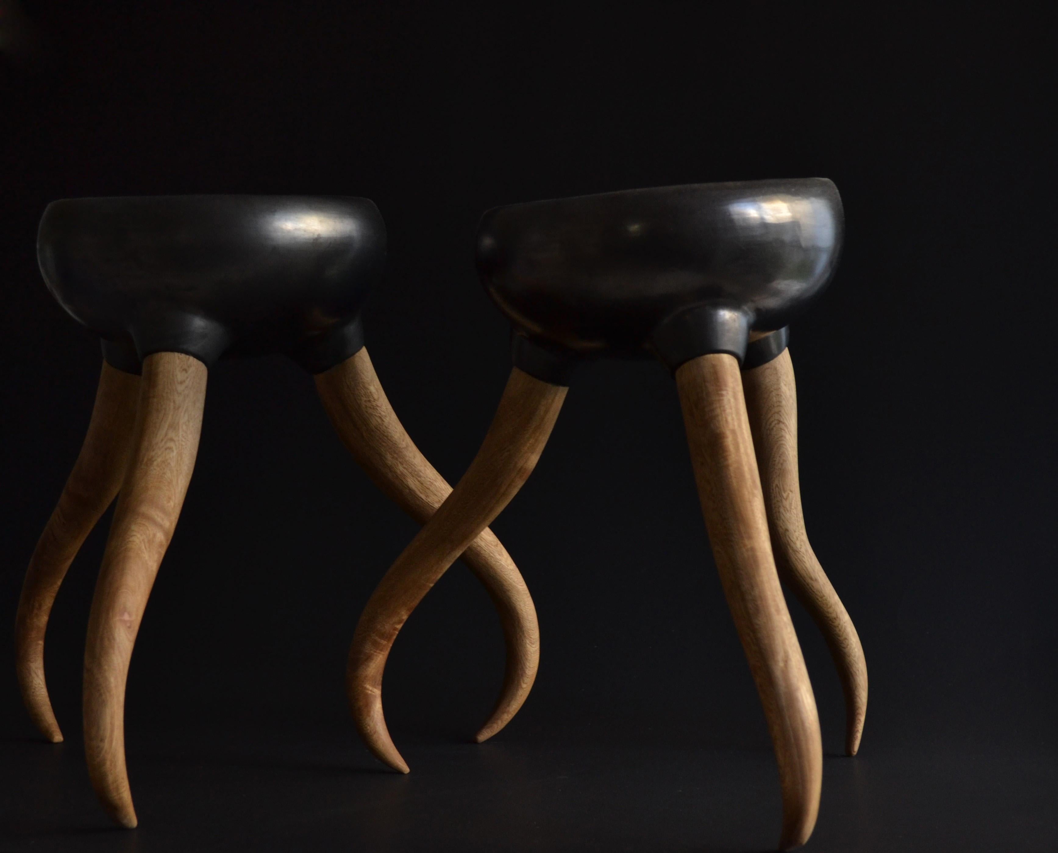 Sculpture Black Clay and Wood Legs, Hand carved Rosewood and Burnished clay In New Condition For Sale In London, GB