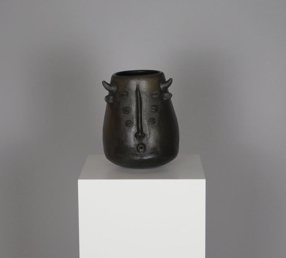 Mexican Black Clay Six-Eyed Minotaur Vessel For Sale