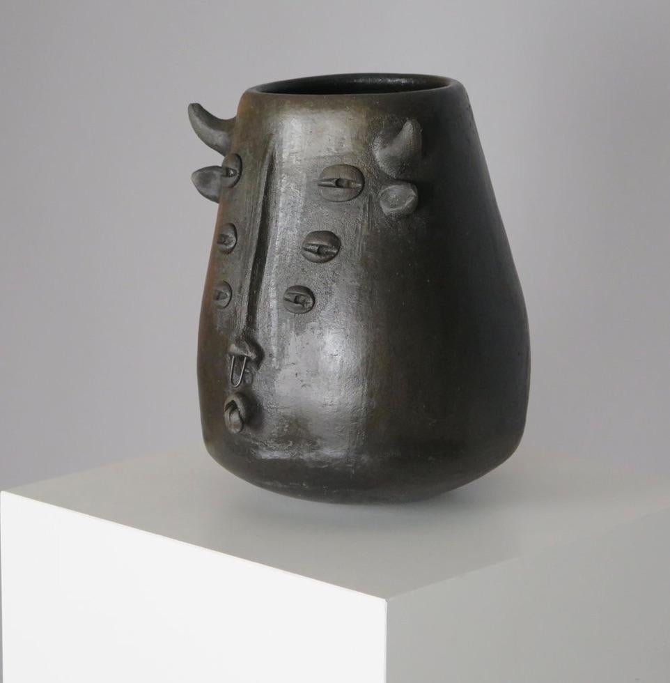 Hand-Carved Black Clay Six-Eyed Minotaur Vessel For Sale