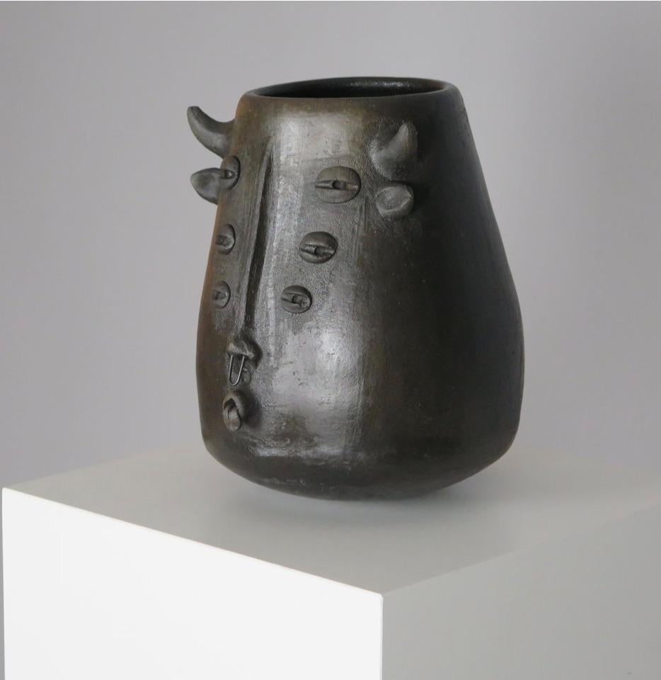 Art Deco Black Clay Six-Eyed Minotaur Vessel, Mexico For Sale