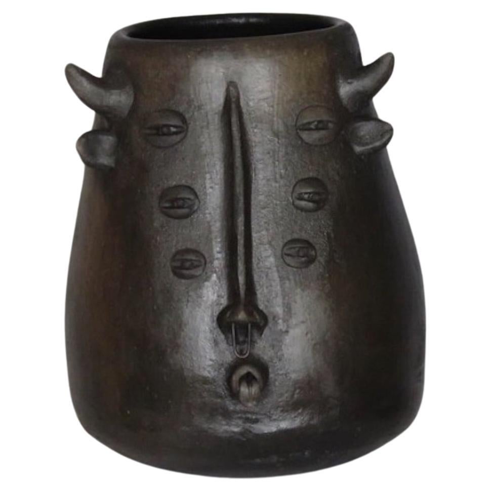 Black Clay Six-Eyed Minotaur Vessel, Mexico For Sale
