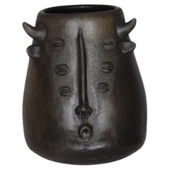 Vintage Black Clay Six-Eyed Minotaur Vessel, Mexico