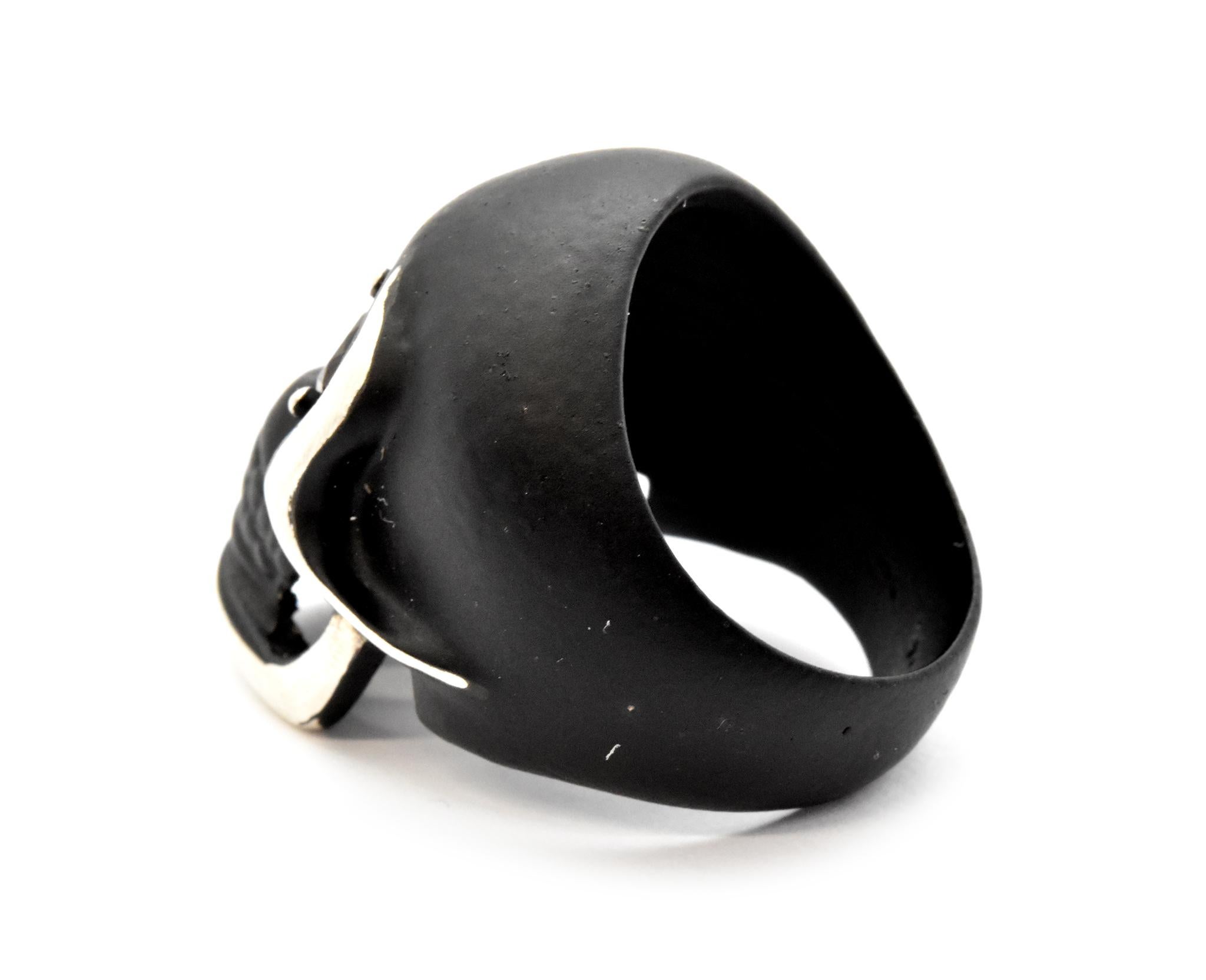 Modern Black Coated Sterling Silver Skull Ring with Garnet Eyes