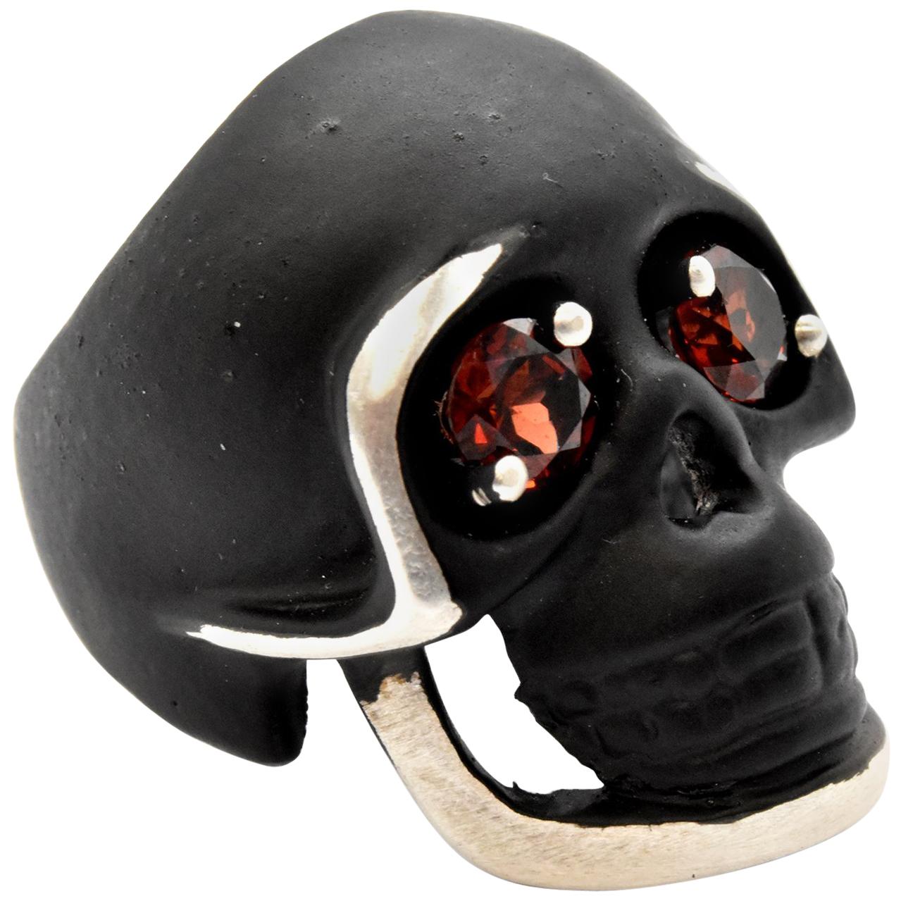 Black Coated Sterling Silver Skull Ring with Garnet Eyes