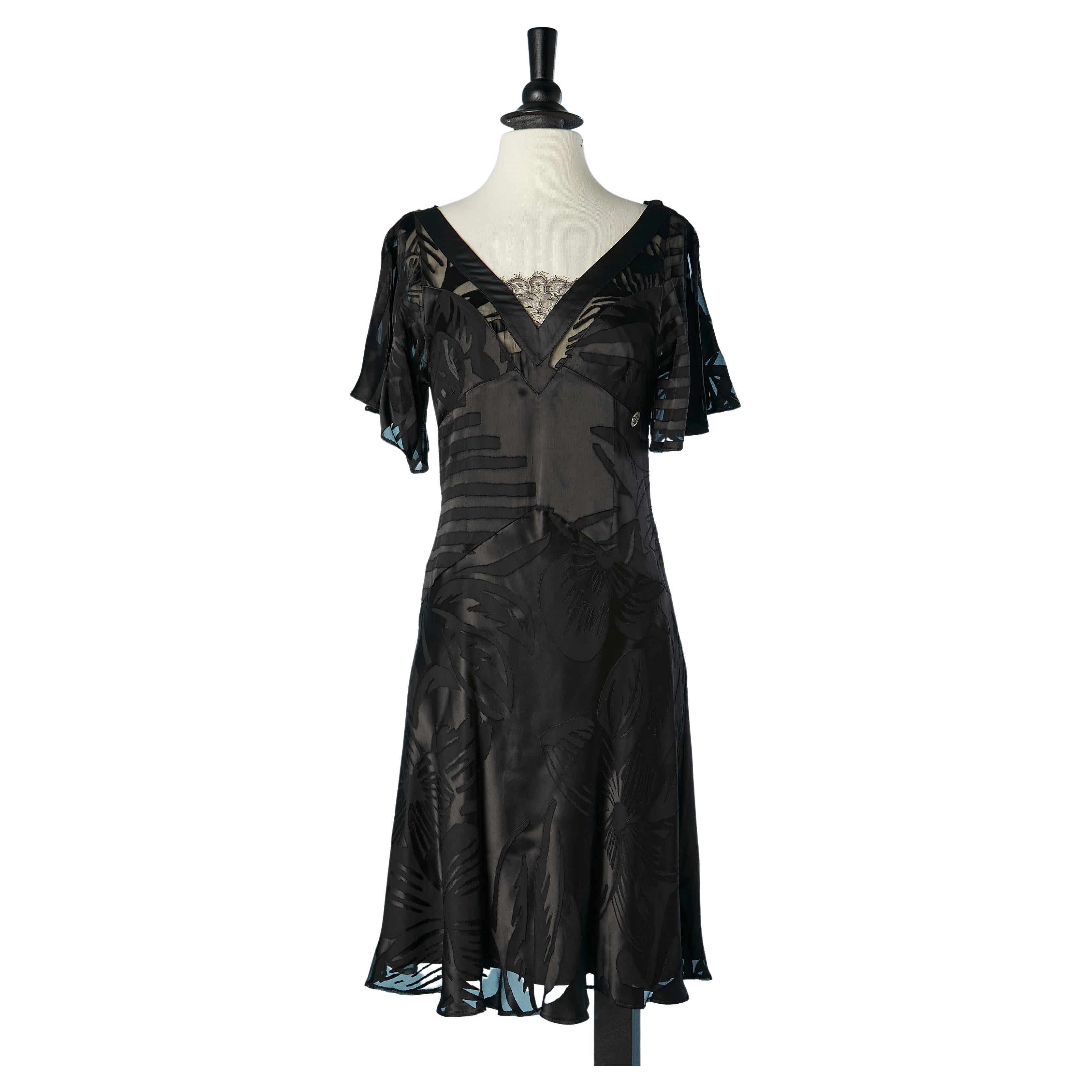 Black cocktail dress in satin dévoré, ruffles and lace Galliano For Sale