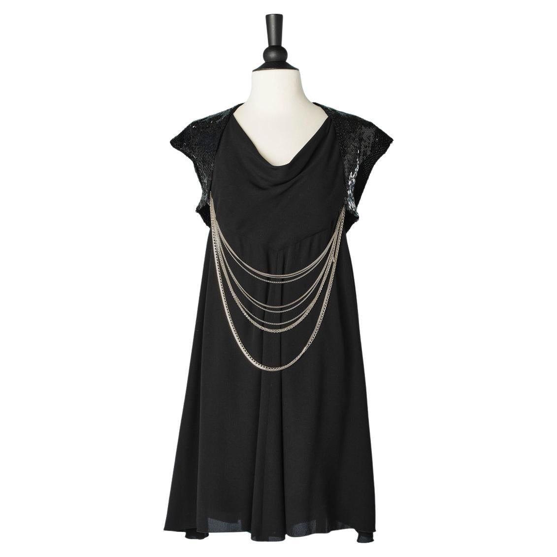 Black cocktail dress in silk chiffon , sequins and metallic silver chain Chanel  For Sale