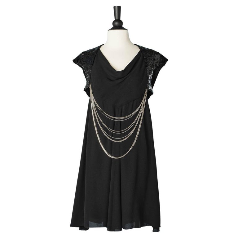 17955 Black-Silver Chiffon Cape Sequins Dress