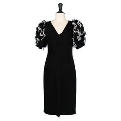 Black cocktail dress with black&white butterfly appliqué sleeves  Louis Féraud 