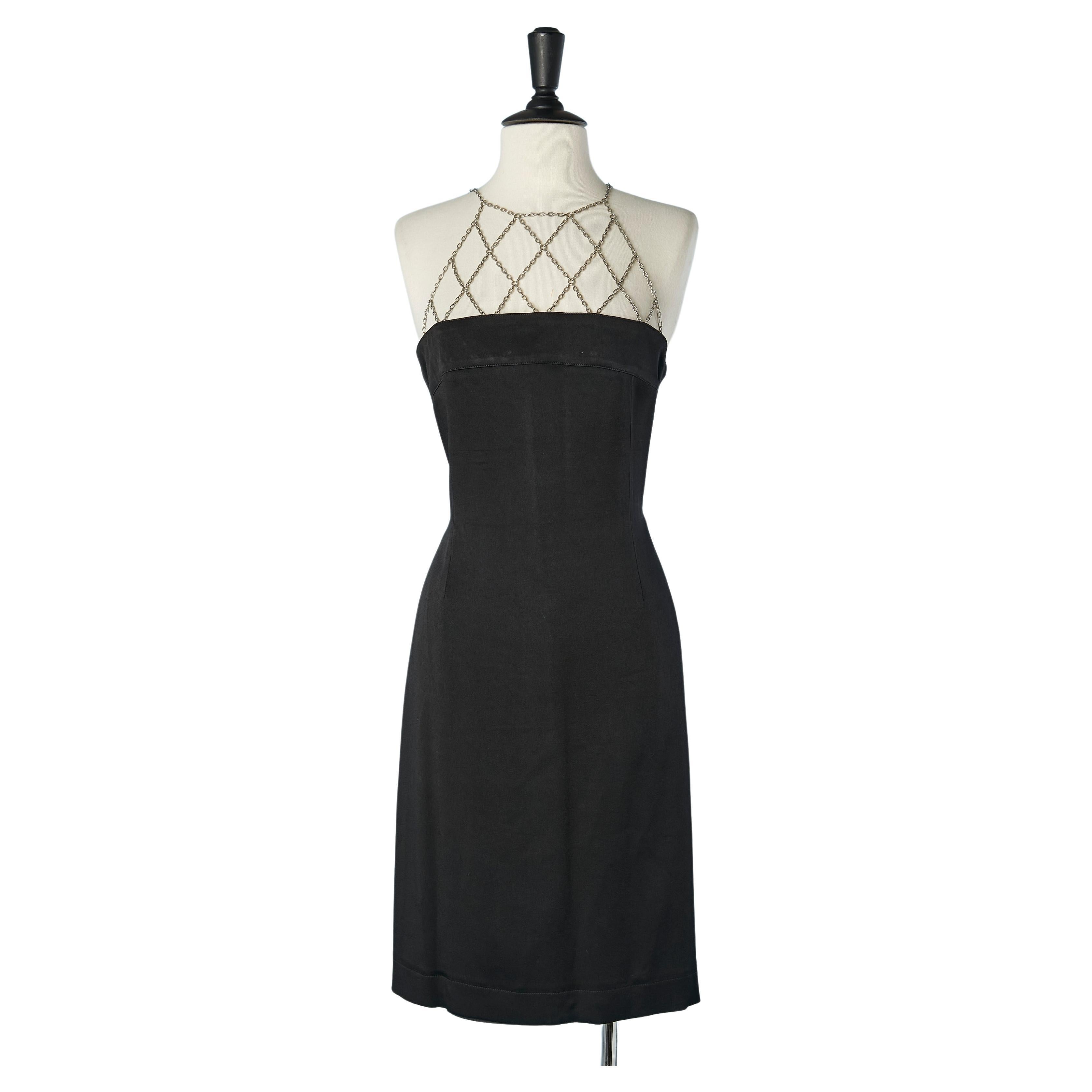 Black cocktail dress with chains on the neckline and back Paco Rabanne 