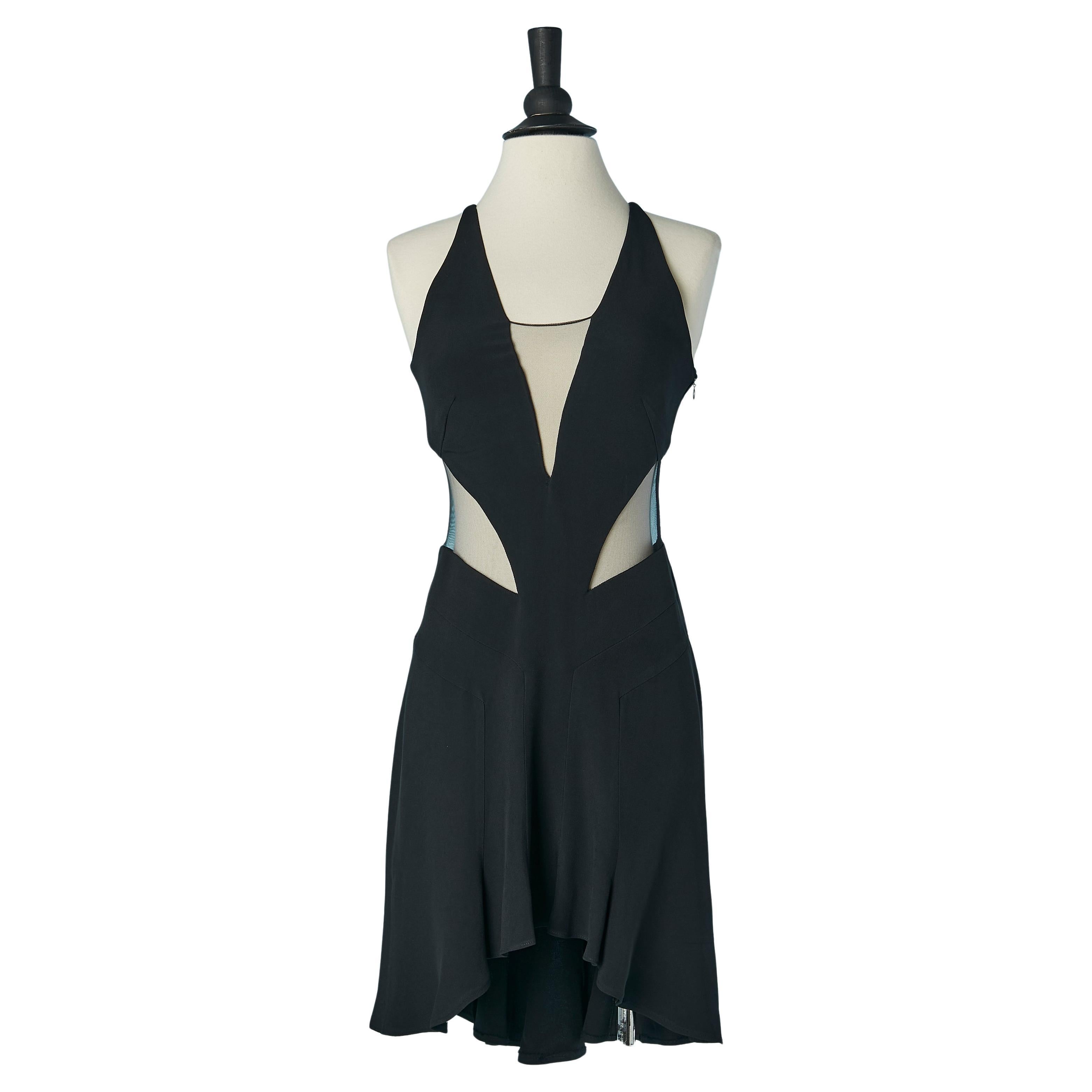 Black cocktail dress with cut-work and see-through tulle Gai Mattiolo For Sale