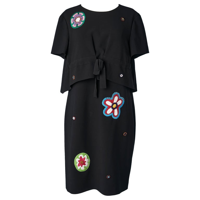 Black cocktail dress with embroideries flowers appliqué Moschino